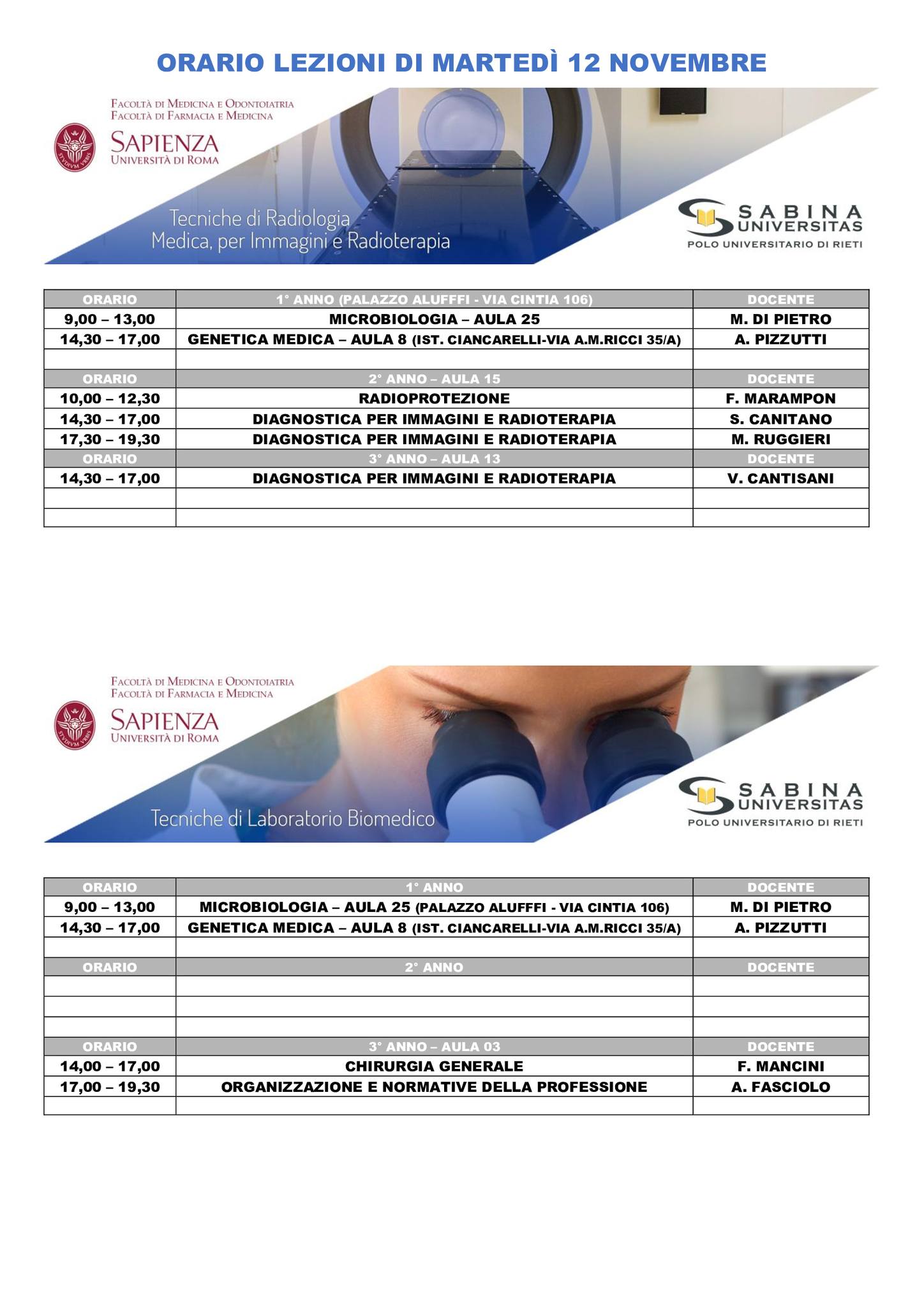 Professioni Sanitarie: orario lezioni di martedì 12 novembre