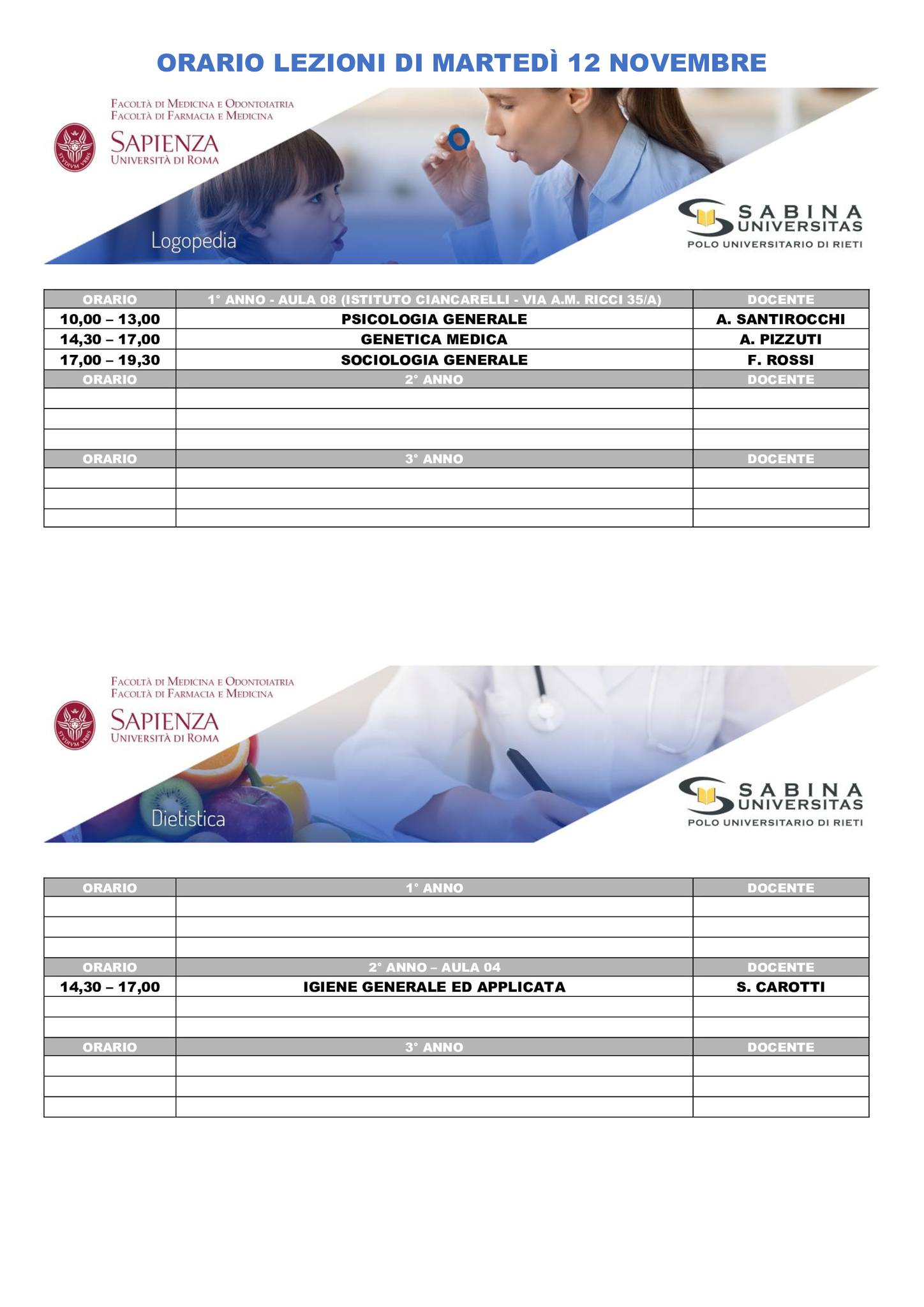 Professioni Sanitarie: orario lezioni di martedì 12 novembre