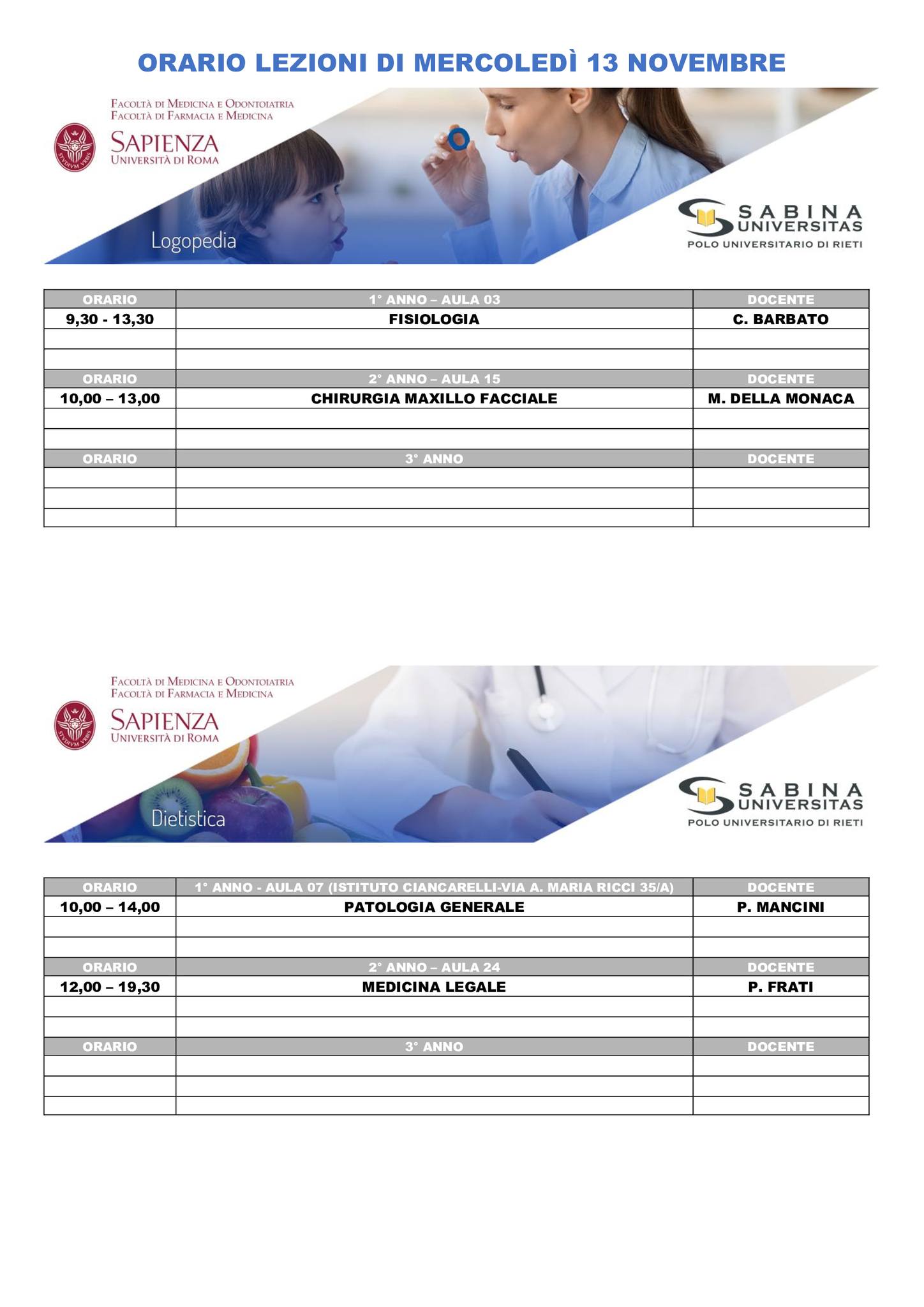 Professioni Sanitarie: orario lezioni di mercoledì 13 novembre