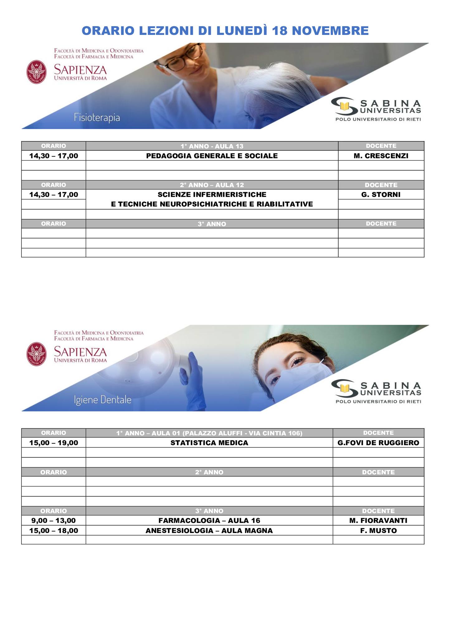 Professioni Sanitarie: orario lezioni di lunedì 18 novembre