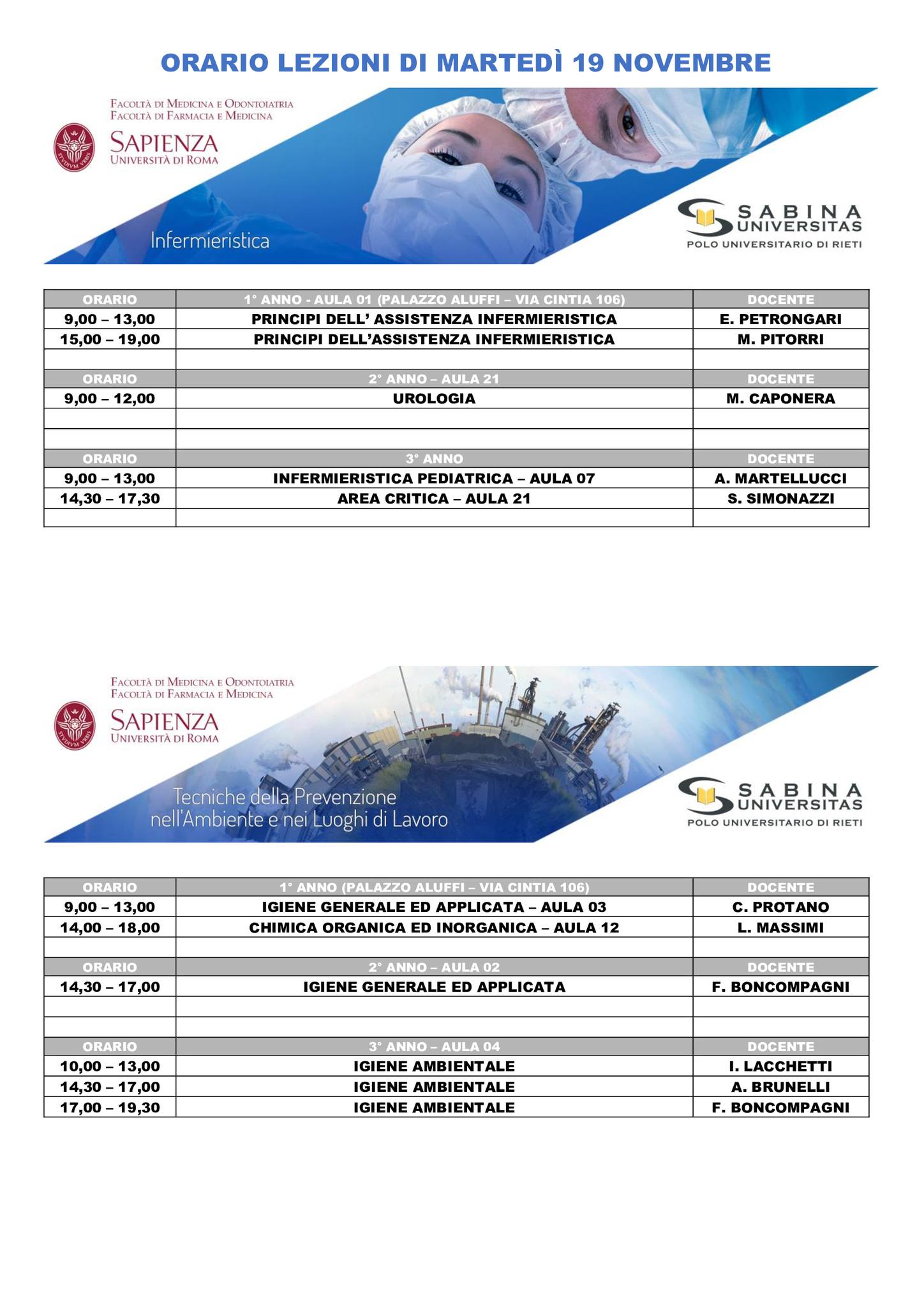 Professioni Sanitarie: orario lezioni di martedì 19 novembre