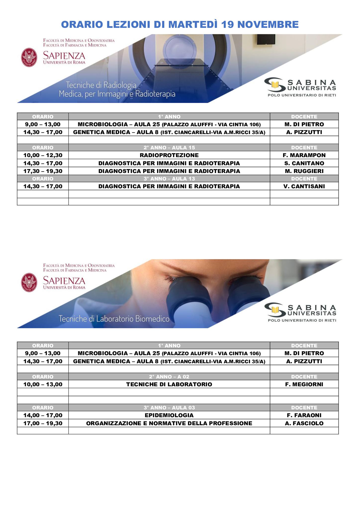 Professioni Sanitarie: orario lezioni di martedì 19 novembre