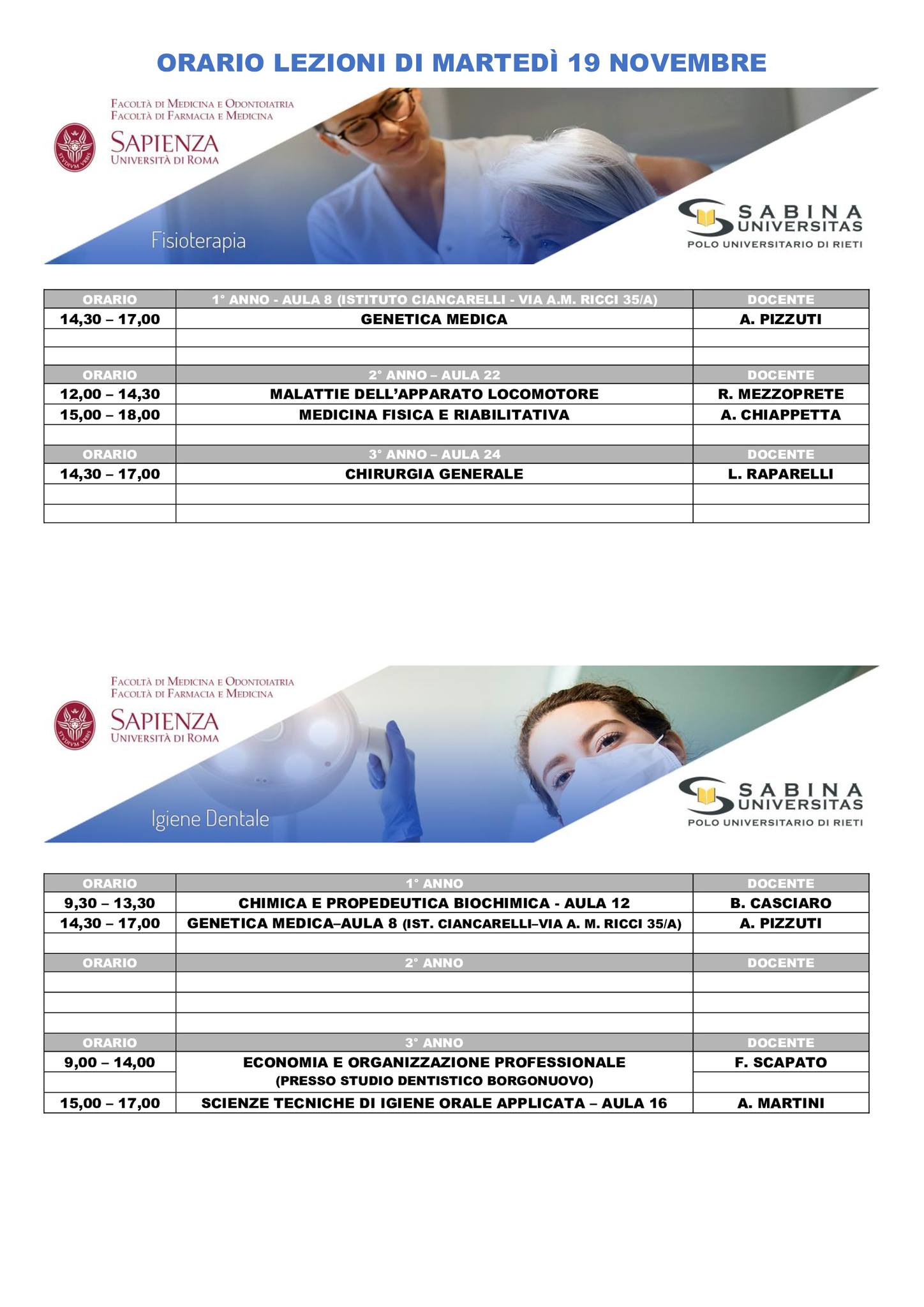 Professioni Sanitarie: orario lezioni di martedì 19 novembre