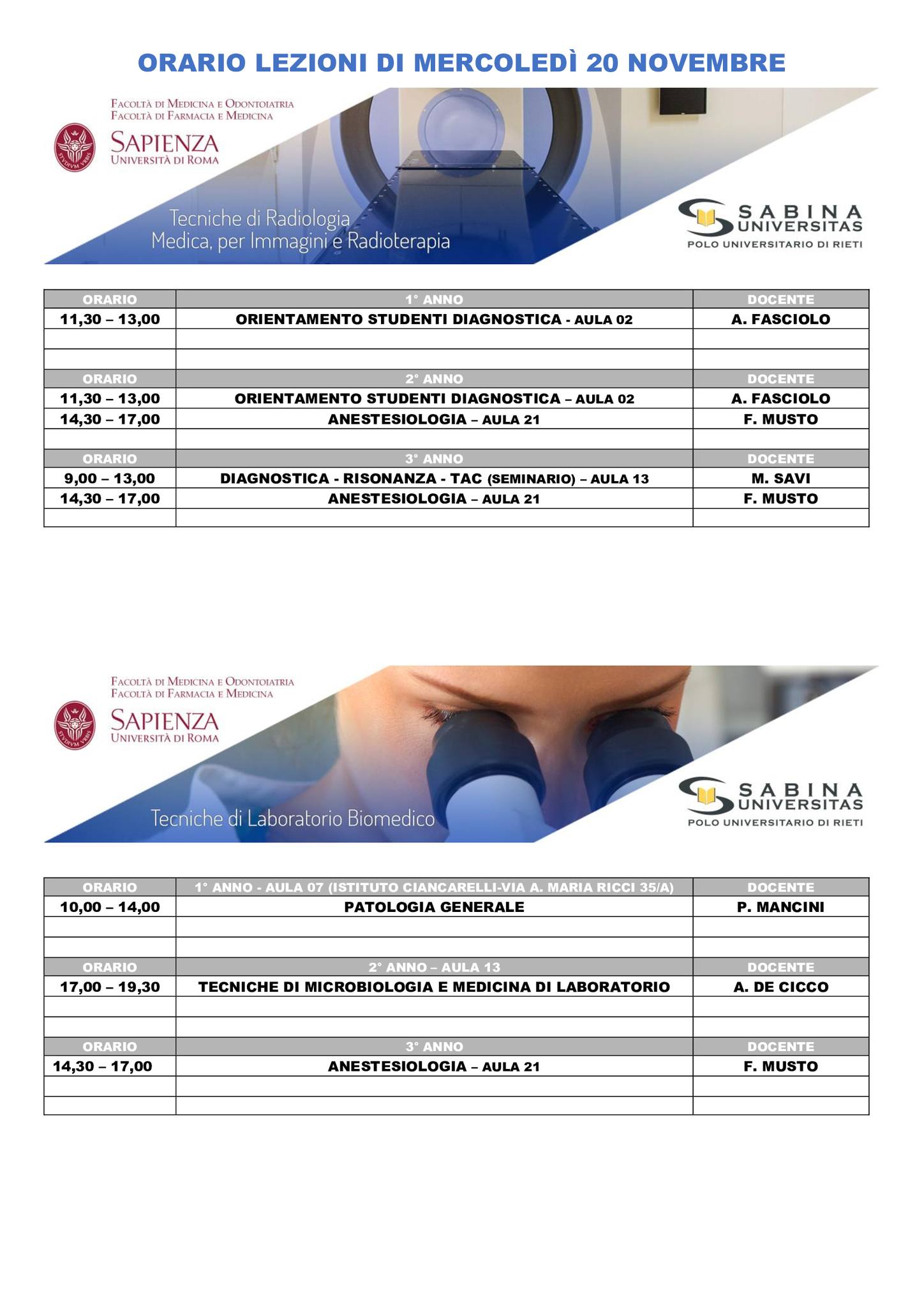 Professioni Sanitarie: orario lezioni di mercoledì 20 novembre