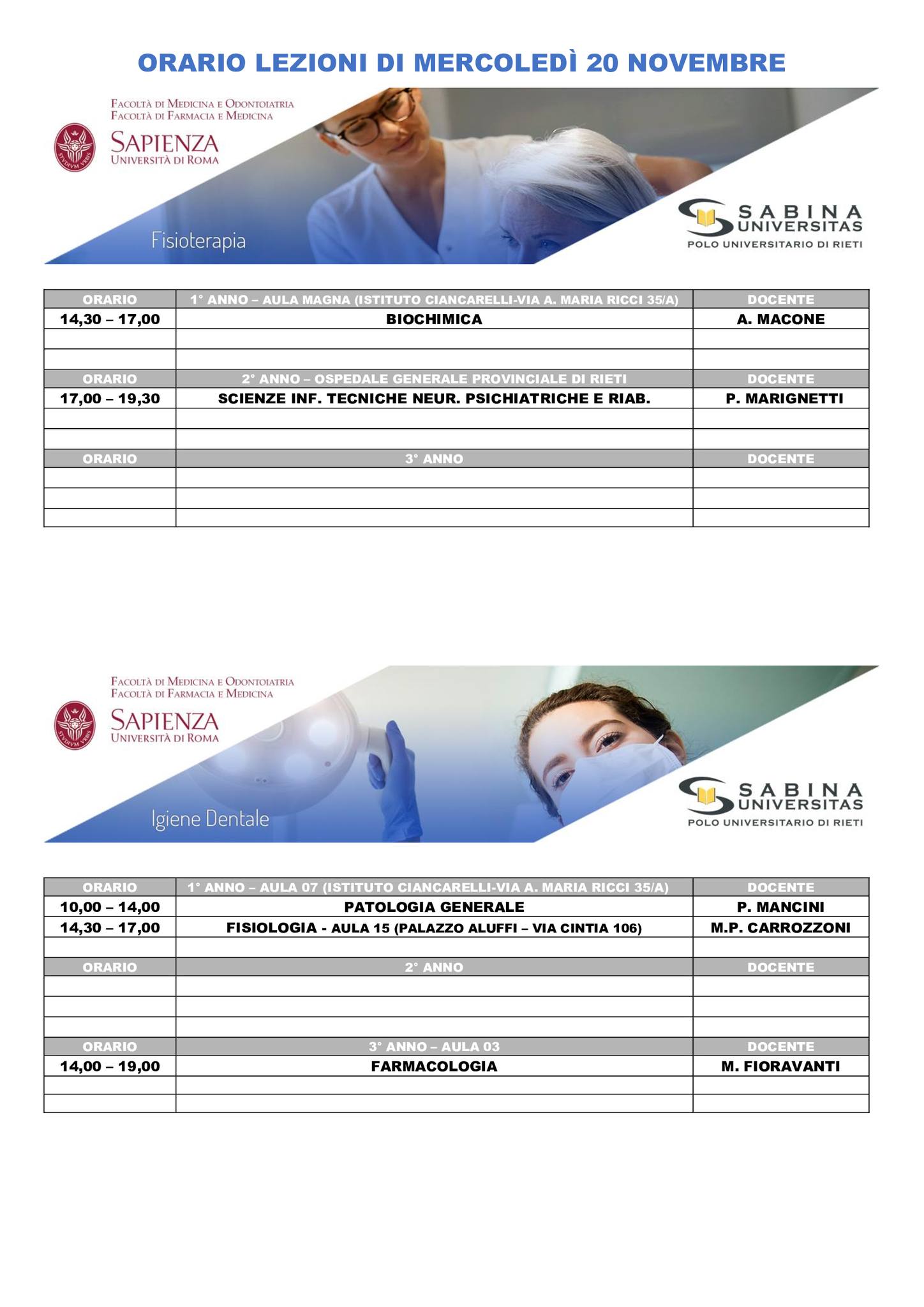 Professioni Sanitarie: orario lezioni di mercoledì 20 novembre