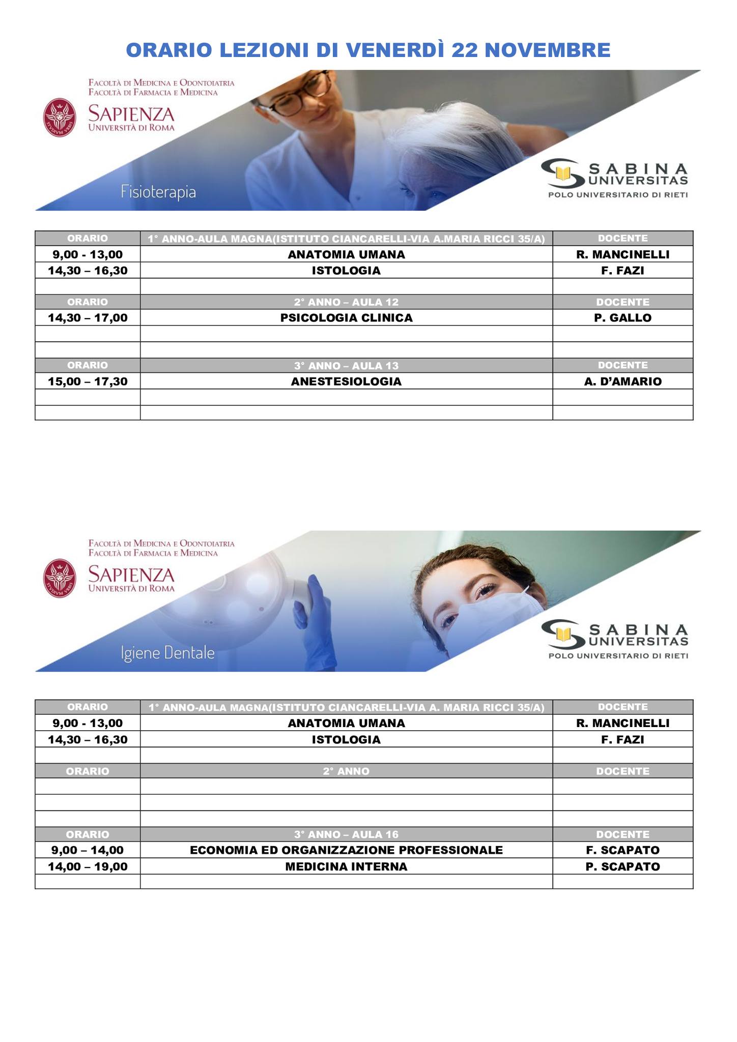 Professioni Sanitarie: orario lezioni di venerdì 22 novembre