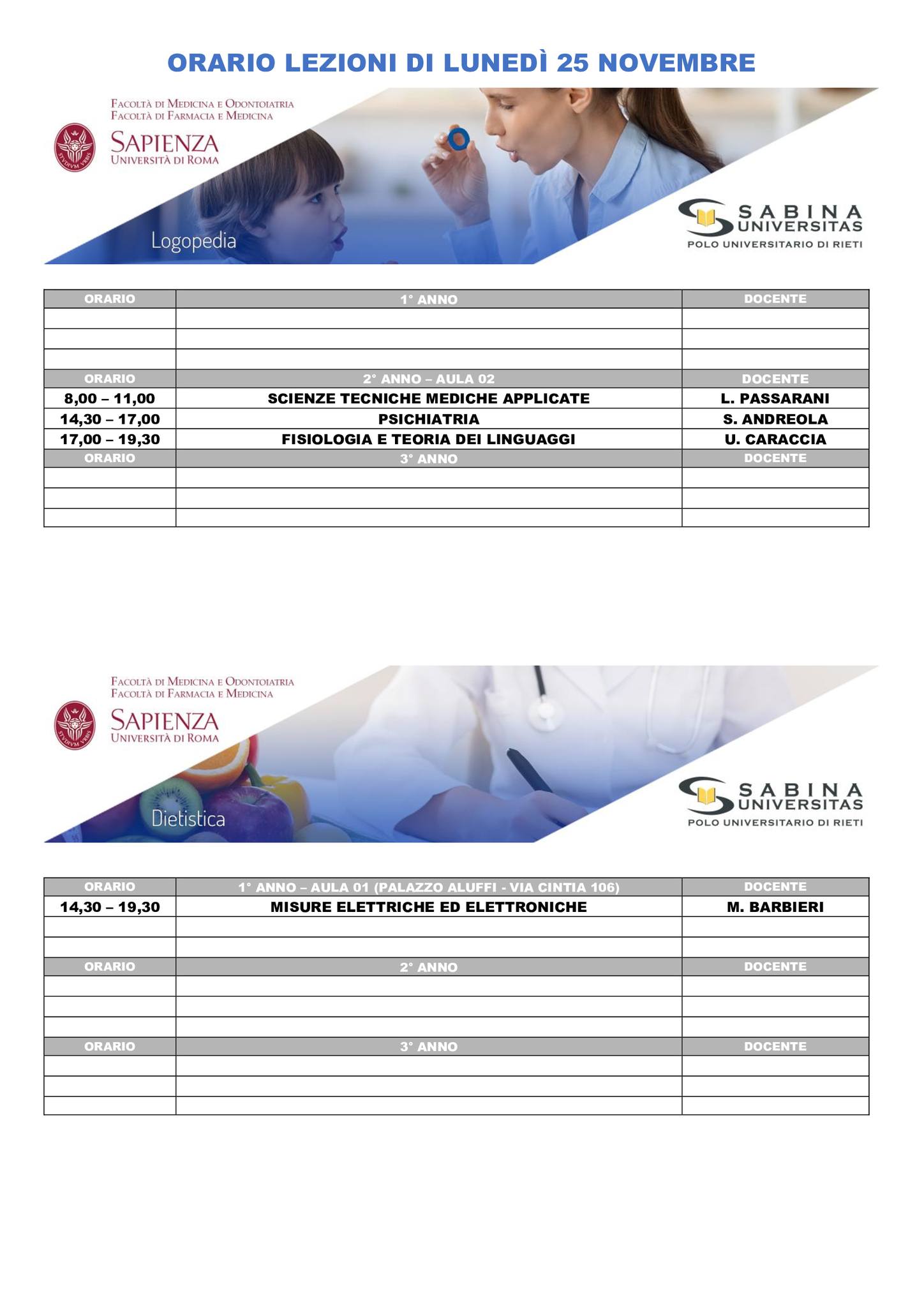 Professioni Sanitarie: orario lezioni di lunedì 25 novembre