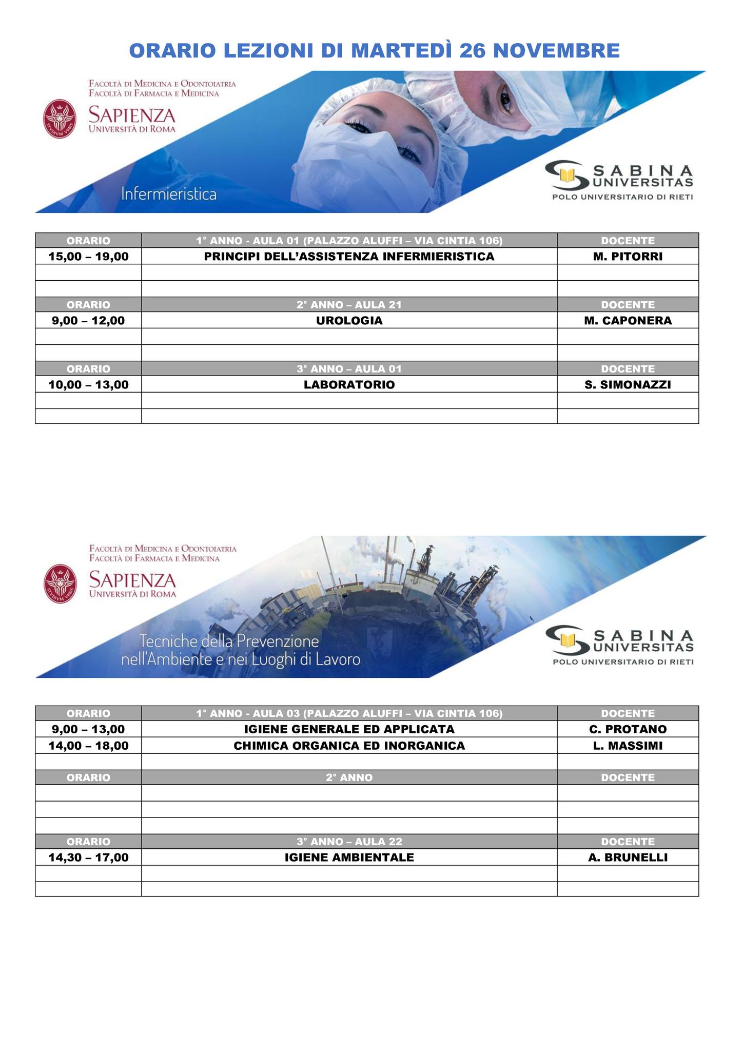 Professioni Sanitarie: orario lezioni di martedì 26 novembre