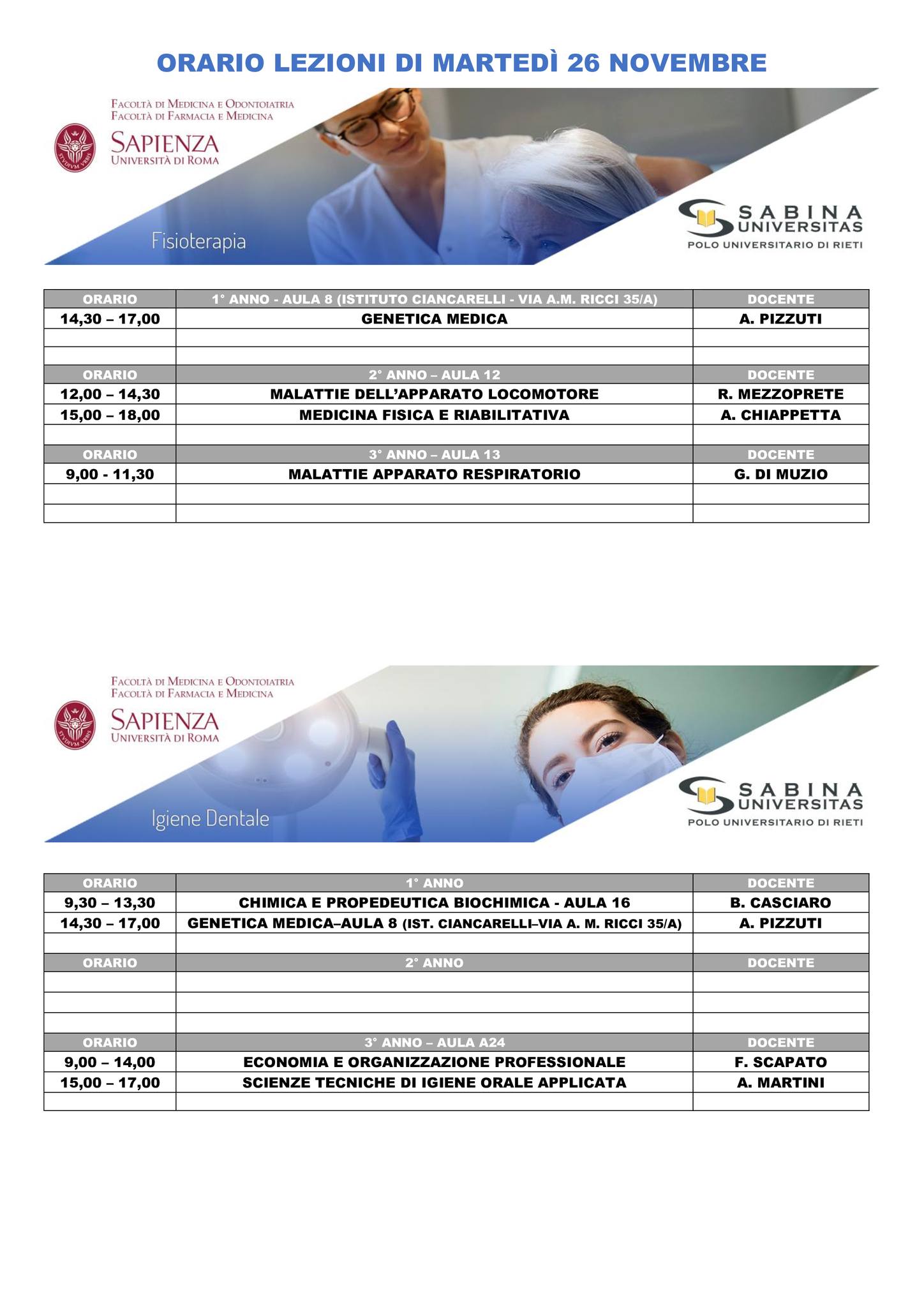 Professioni Sanitarie: orario lezioni di martedì 26 novembre