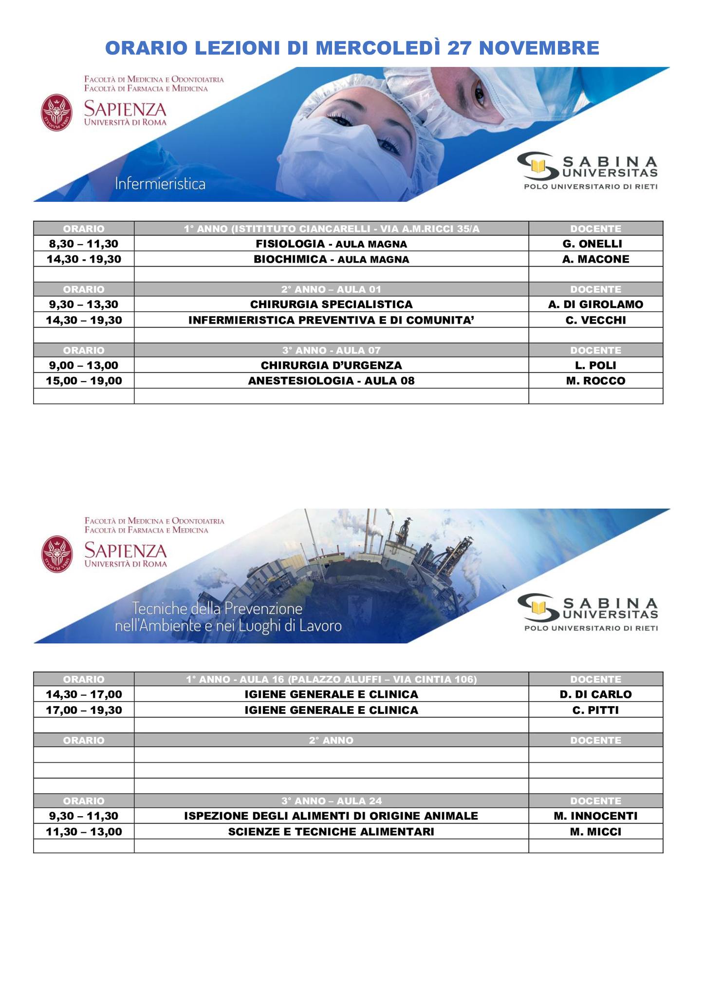 Professioni Sanitarie: orario lezioni di mercoledì 27 novembre