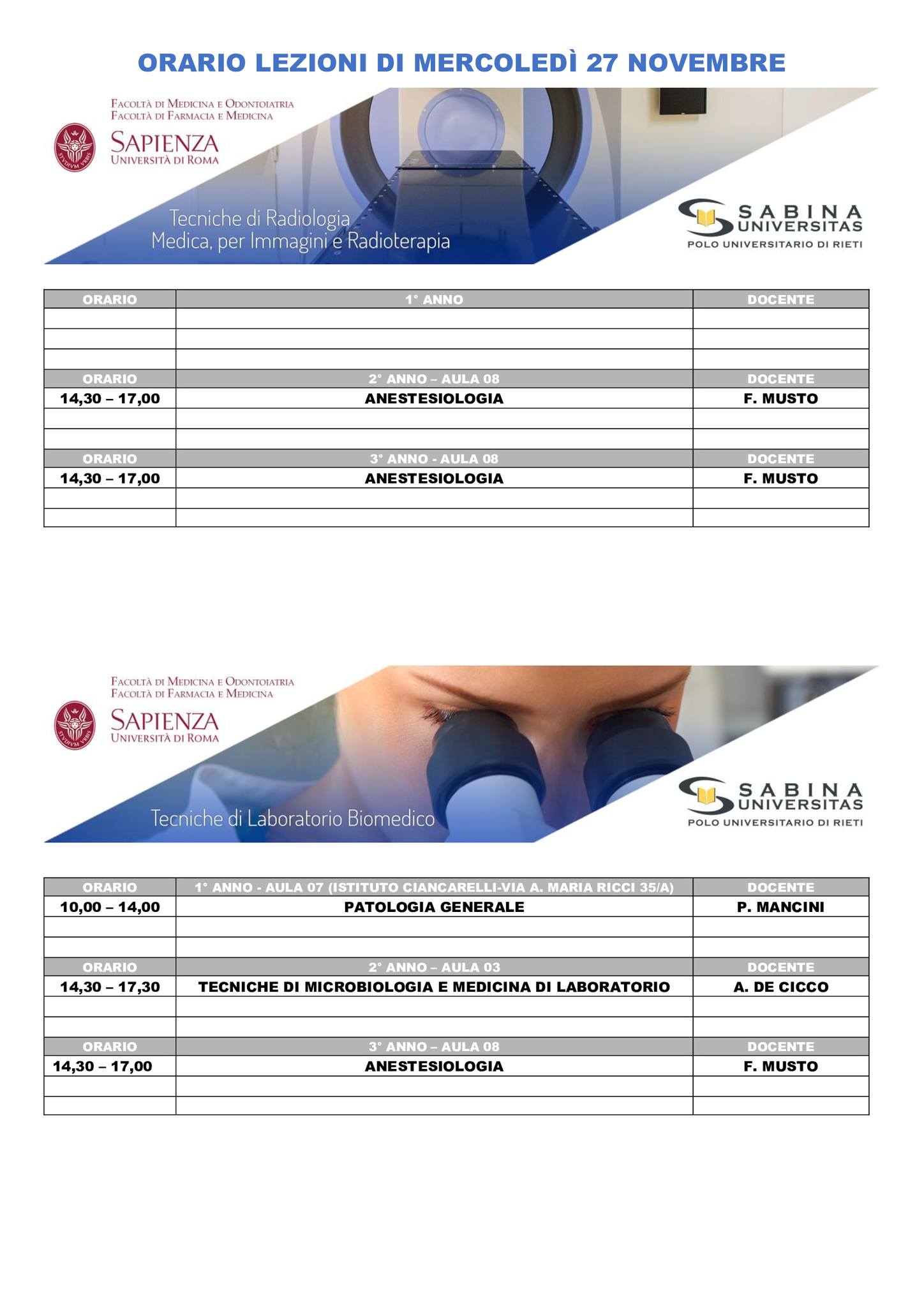 Professioni Sanitarie: orario lezioni di mercoledì 27 novembre