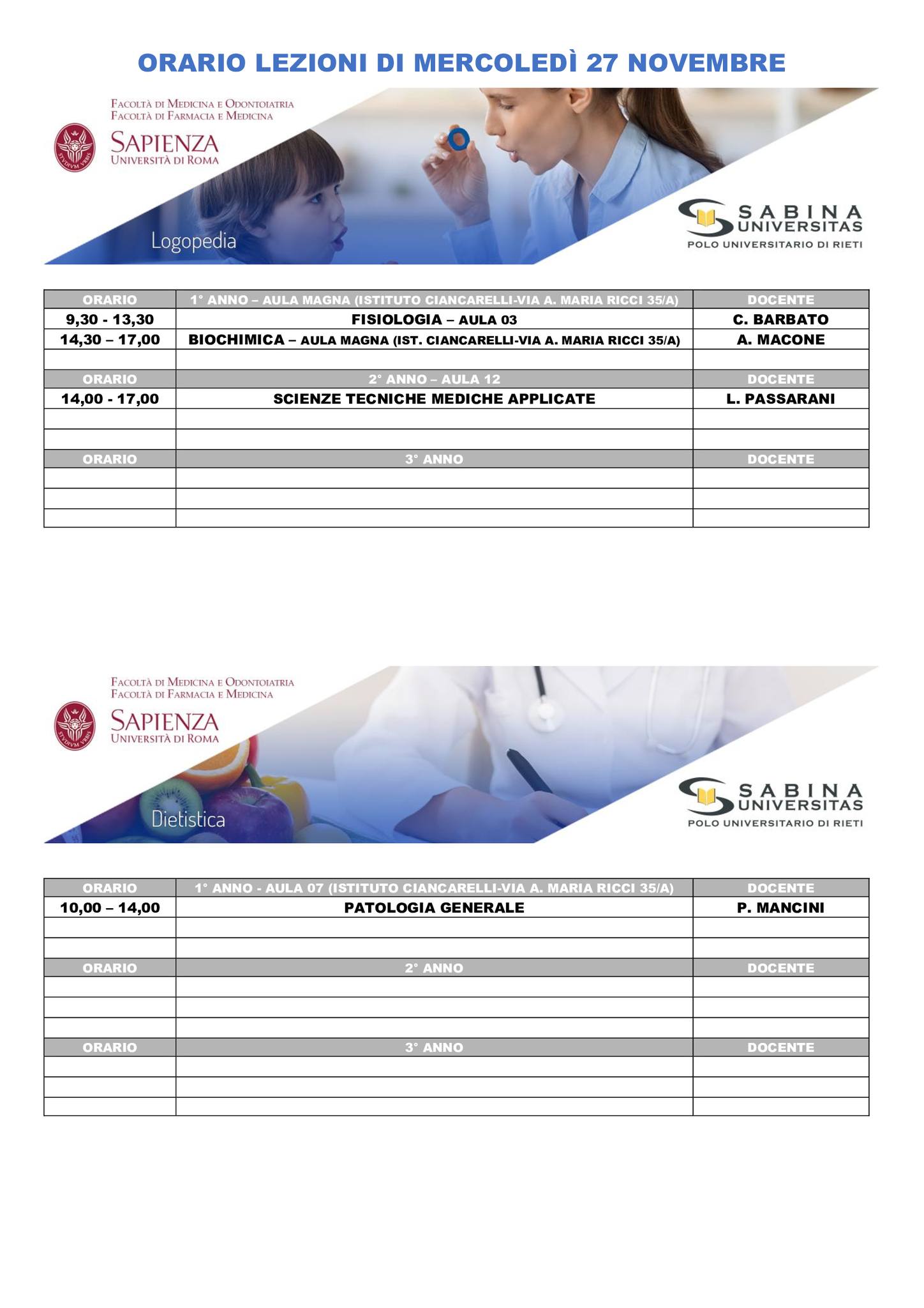 Professioni Sanitarie: orario lezioni di mercoledì 27 novembre