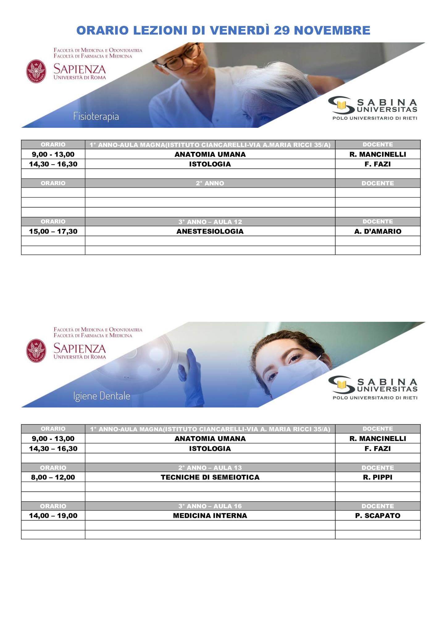 Professioni Sanitarie: orario lezioni di venerdì 29 novembre