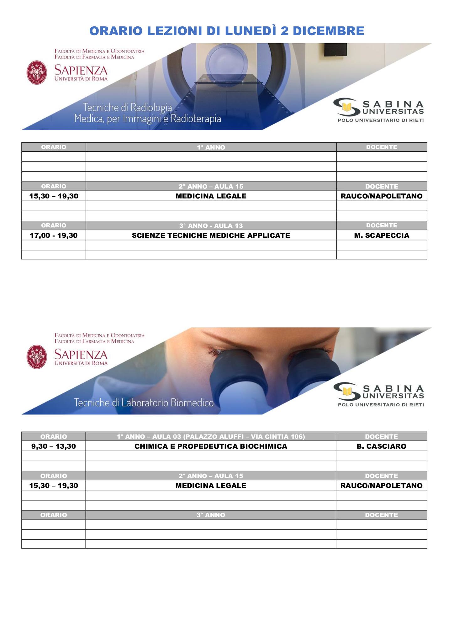 Professioni Sanitarie: orario lezioni di lunedì 2 dicembre