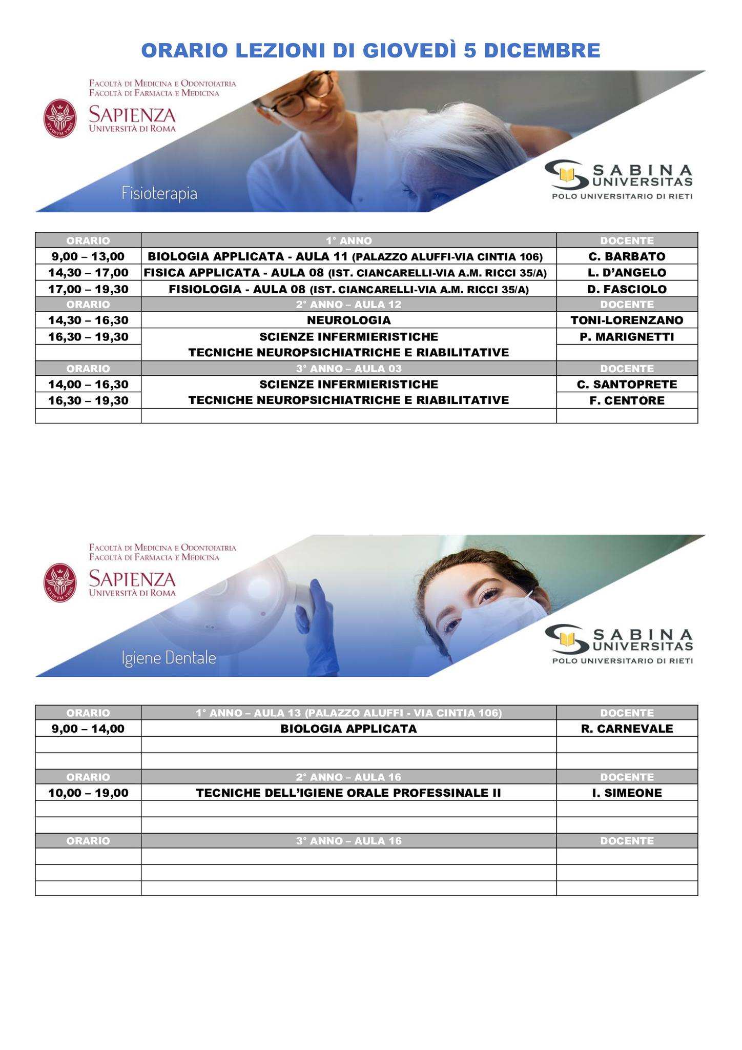 Professioni Sanitarie: orario lezioni di giovedì 5 dicembre