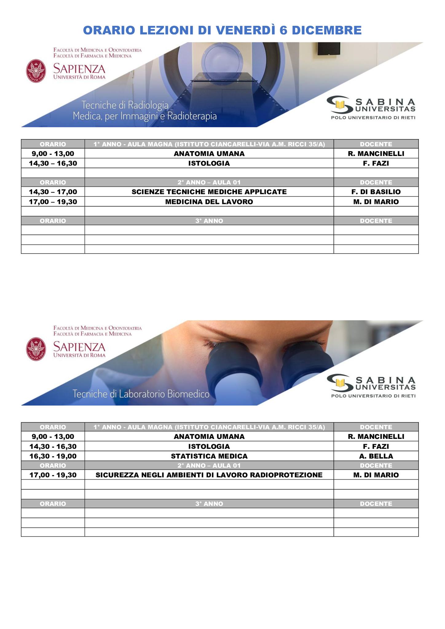 Professioni Sanitarie: orario lezioni di venerdì 6 dicembre