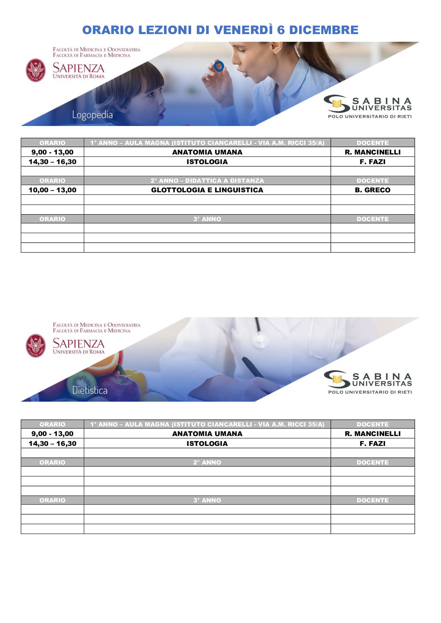 Professioni Sanitarie: orario lezioni di venerdì 6 dicembre