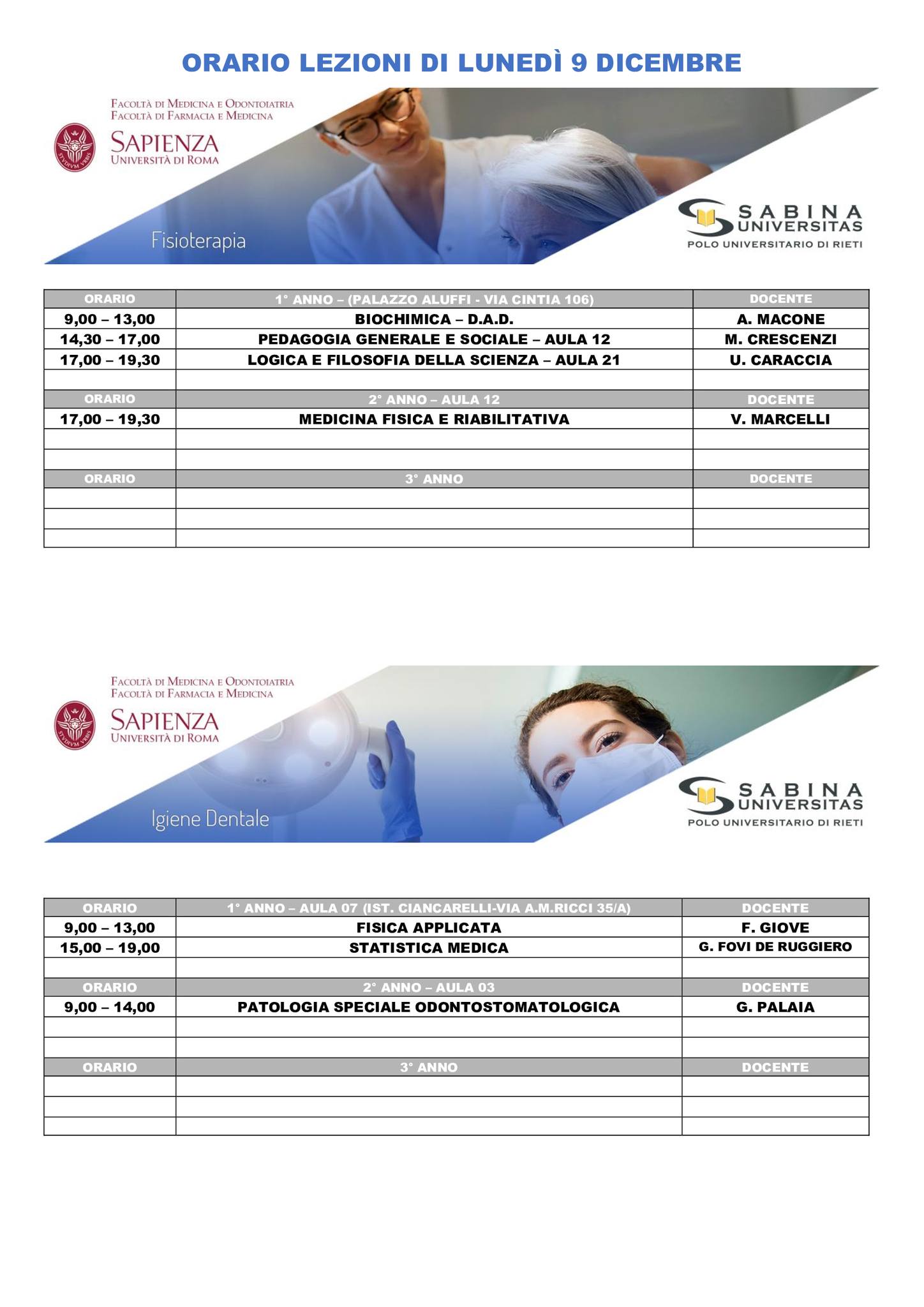 Professioni Sanitarie: orario lezioni di lunedì 9 dicembre