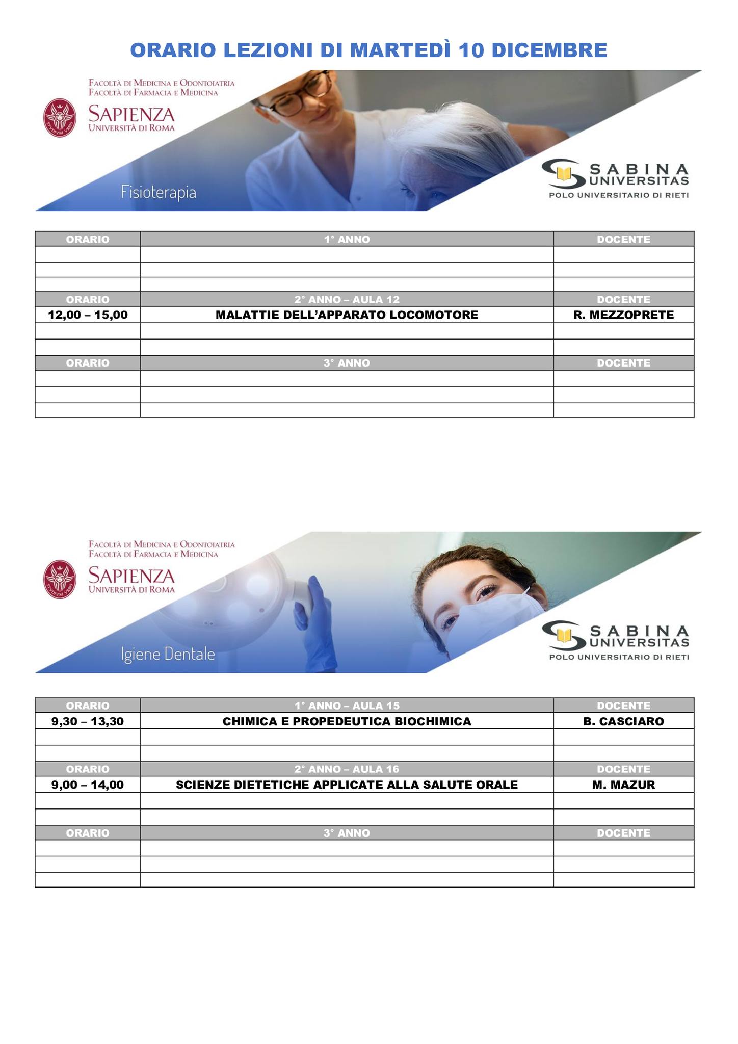 Professioni Sanitarie: orario lezioni di martedì 10 dicembre