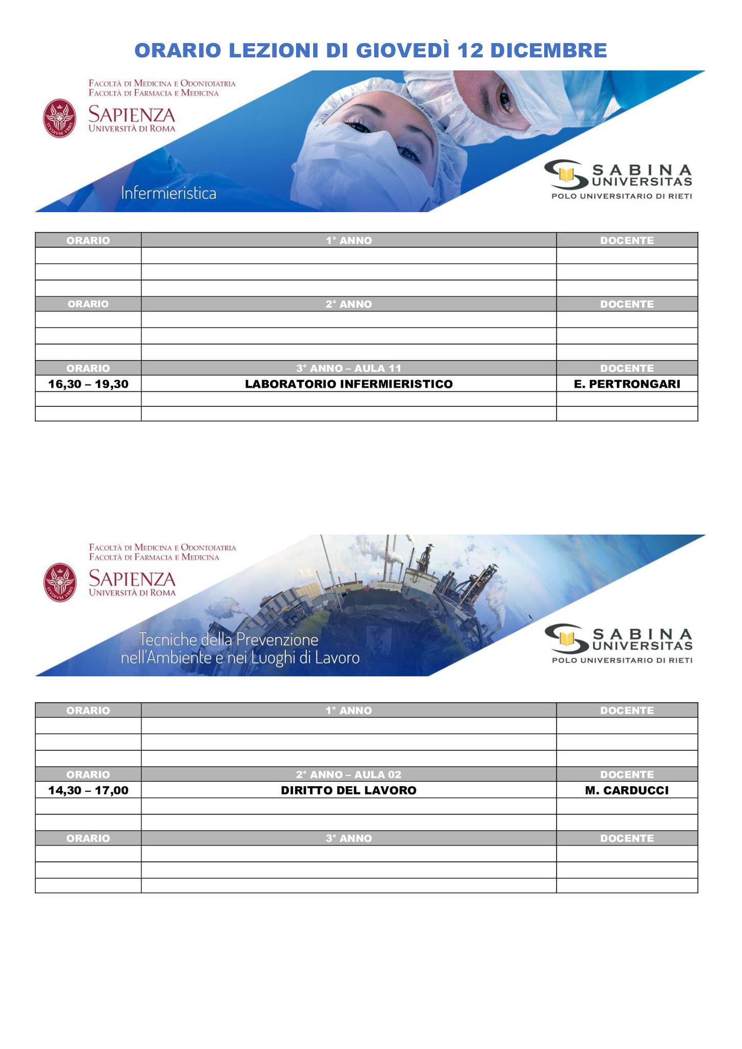 Professioni Sanitarie: orario lezioni di giovedì 12 dicembre