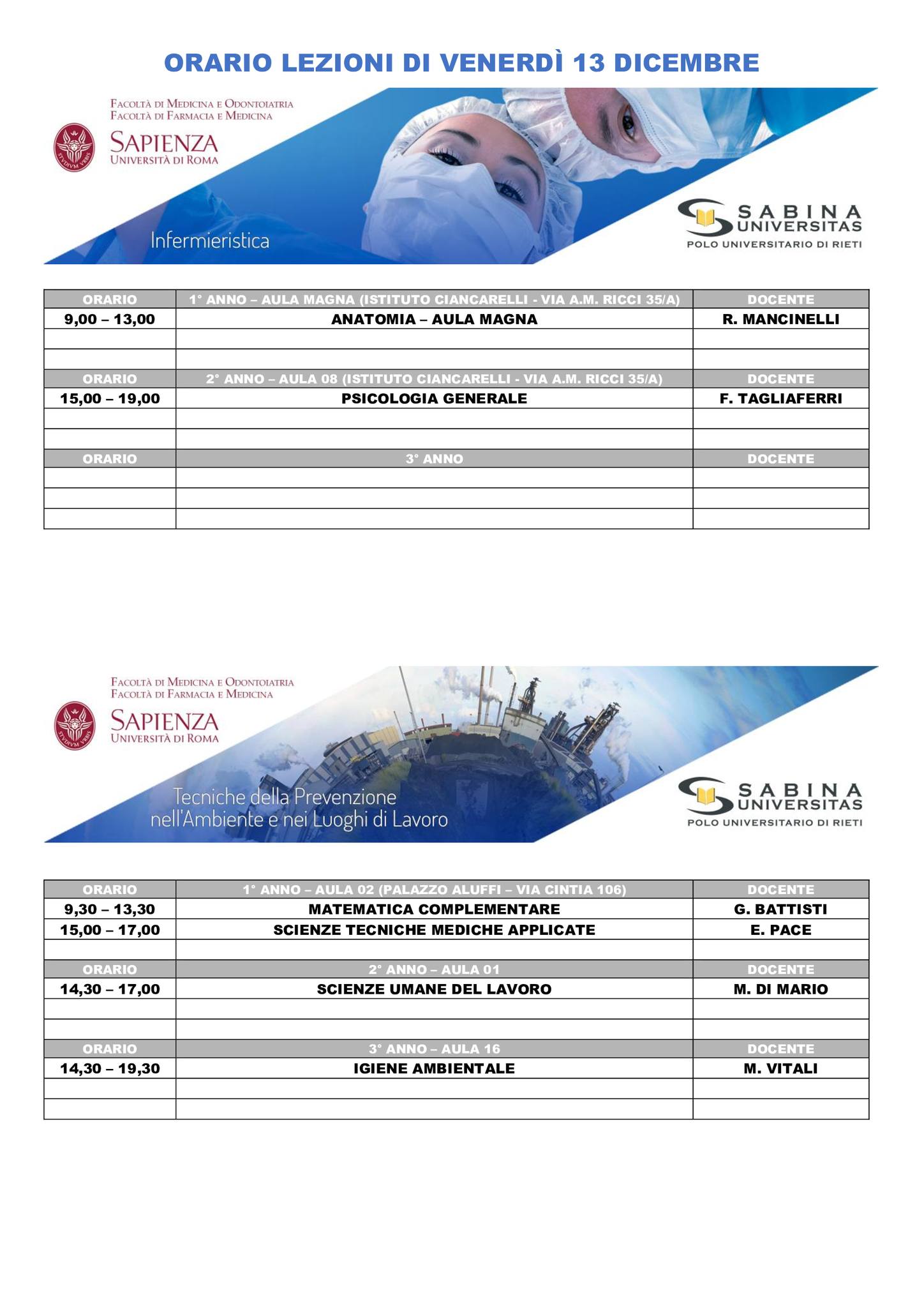 Professioni Sanitarie: orario lezioni di venerdì 13 dicembre