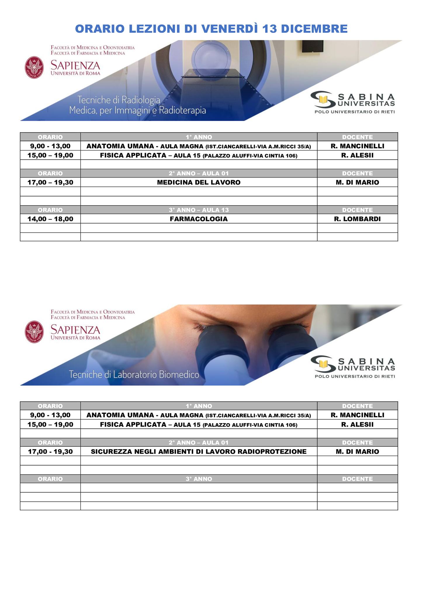 Professioni Sanitarie: orario lezioni di venerdì 13 dicembre