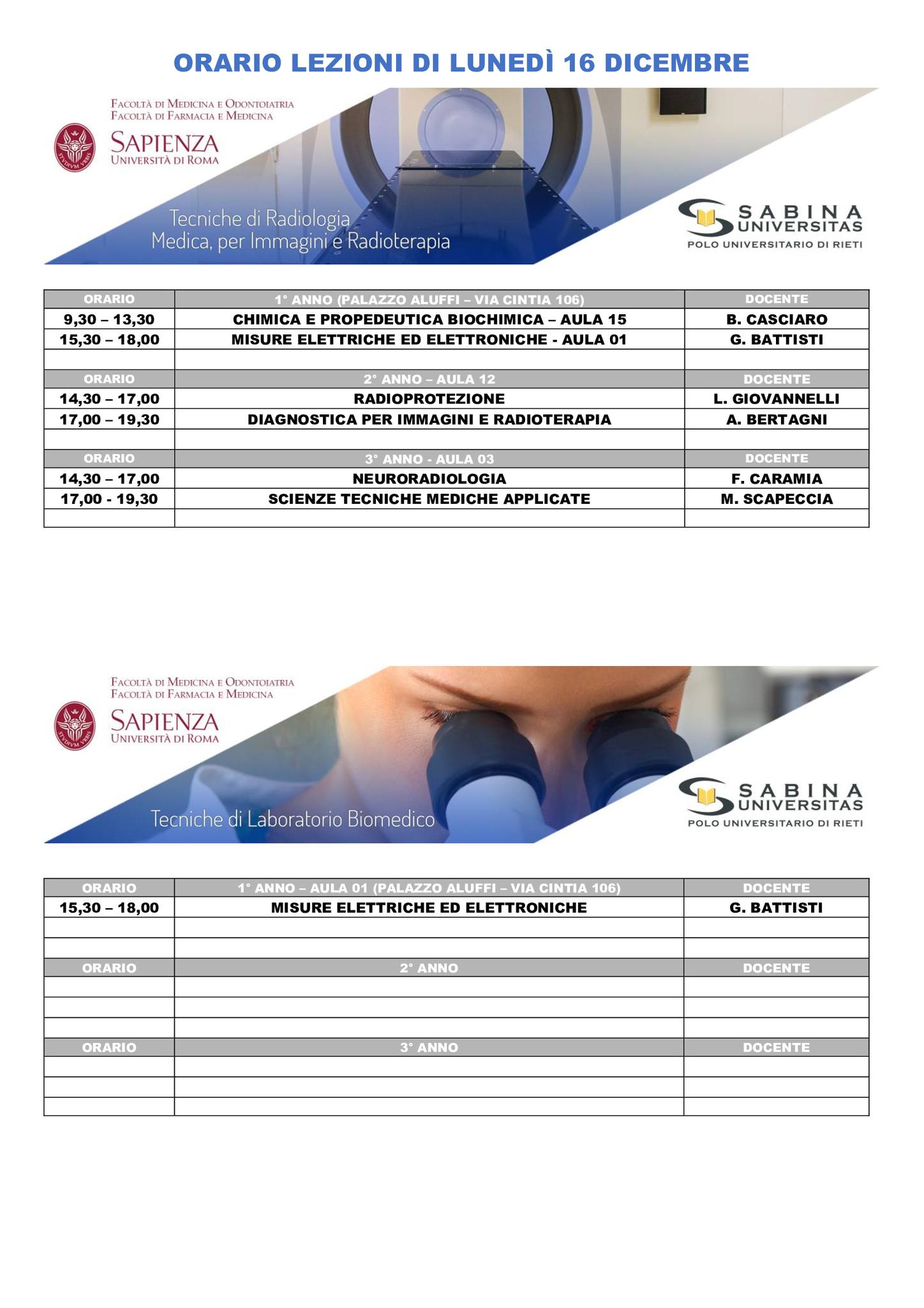 Professioni Sanitarie: orario lezioni di lunedì 16 dicembre