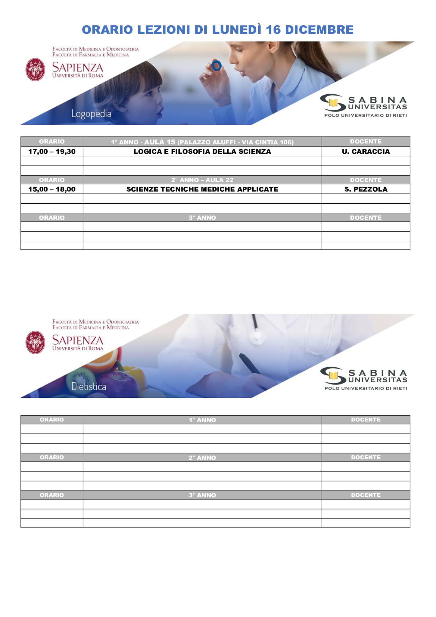 Professioni Sanitarie: orario lezioni di lunedì 16 dicembre