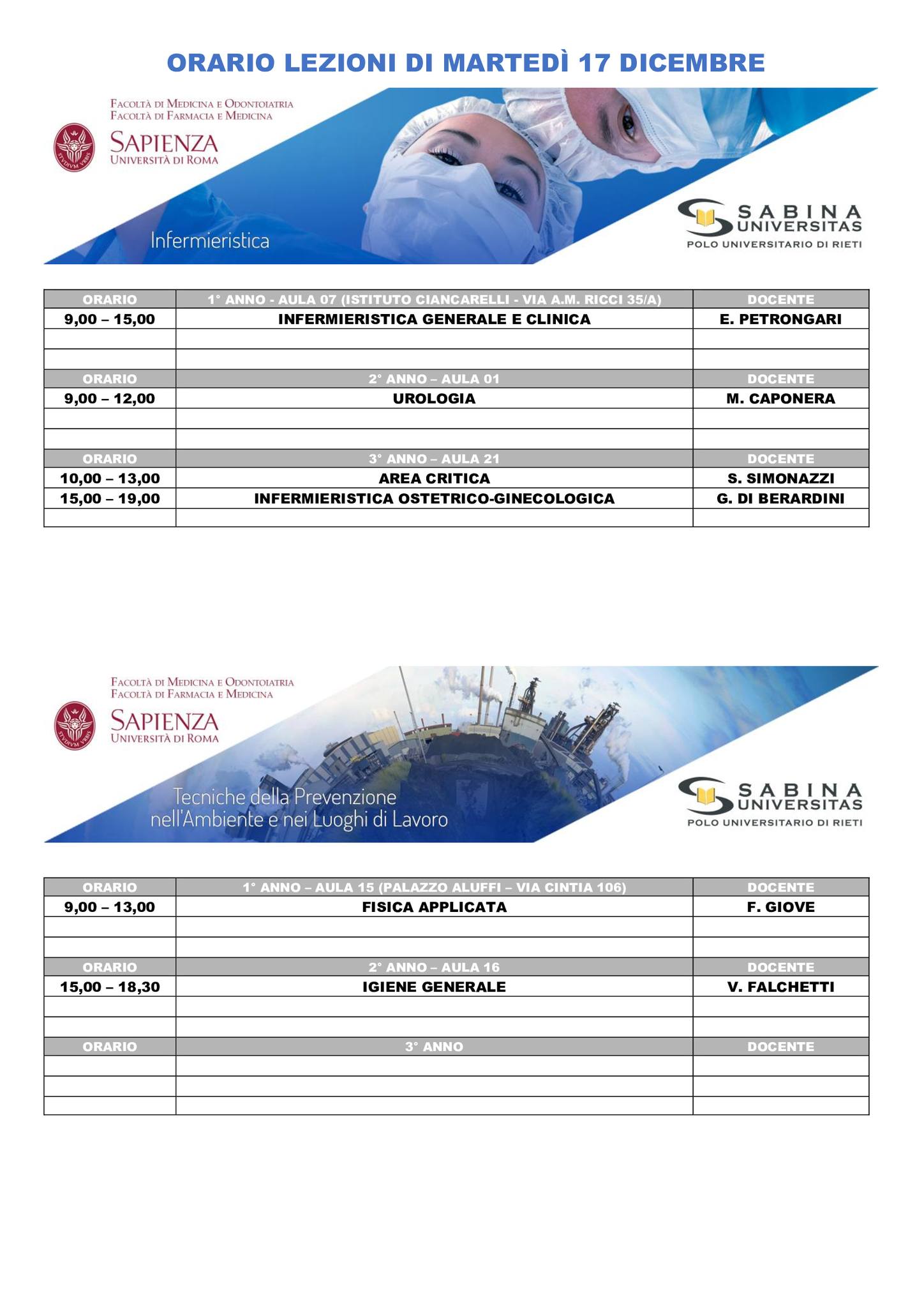 Professioni Sanitarie: orario lezioni di martedì 17 dicembre