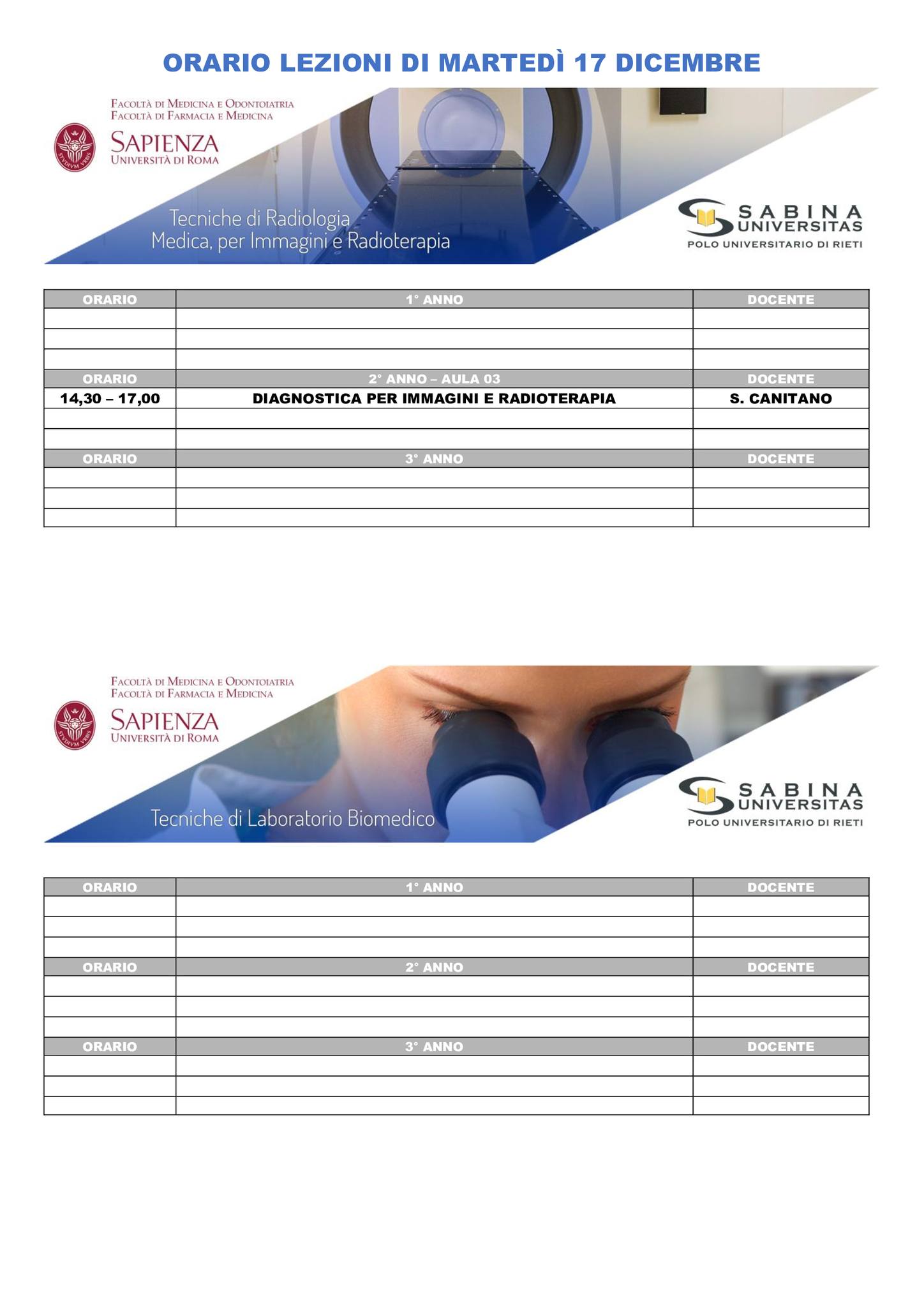 Professioni Sanitarie: orario lezioni di martedì 17 dicembre