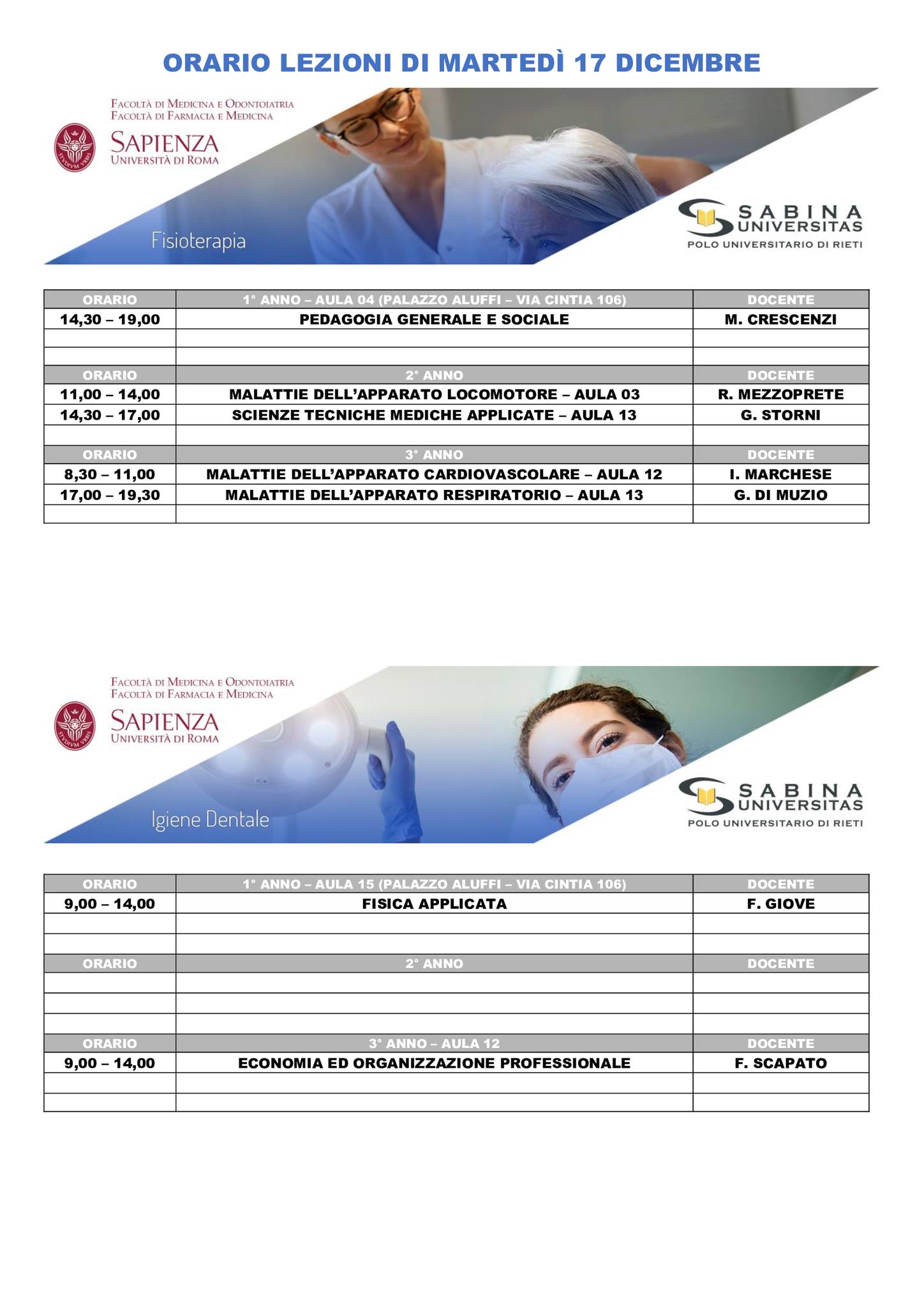 Professioni Sanitarie: orario lezioni di martedì 17 dicembre