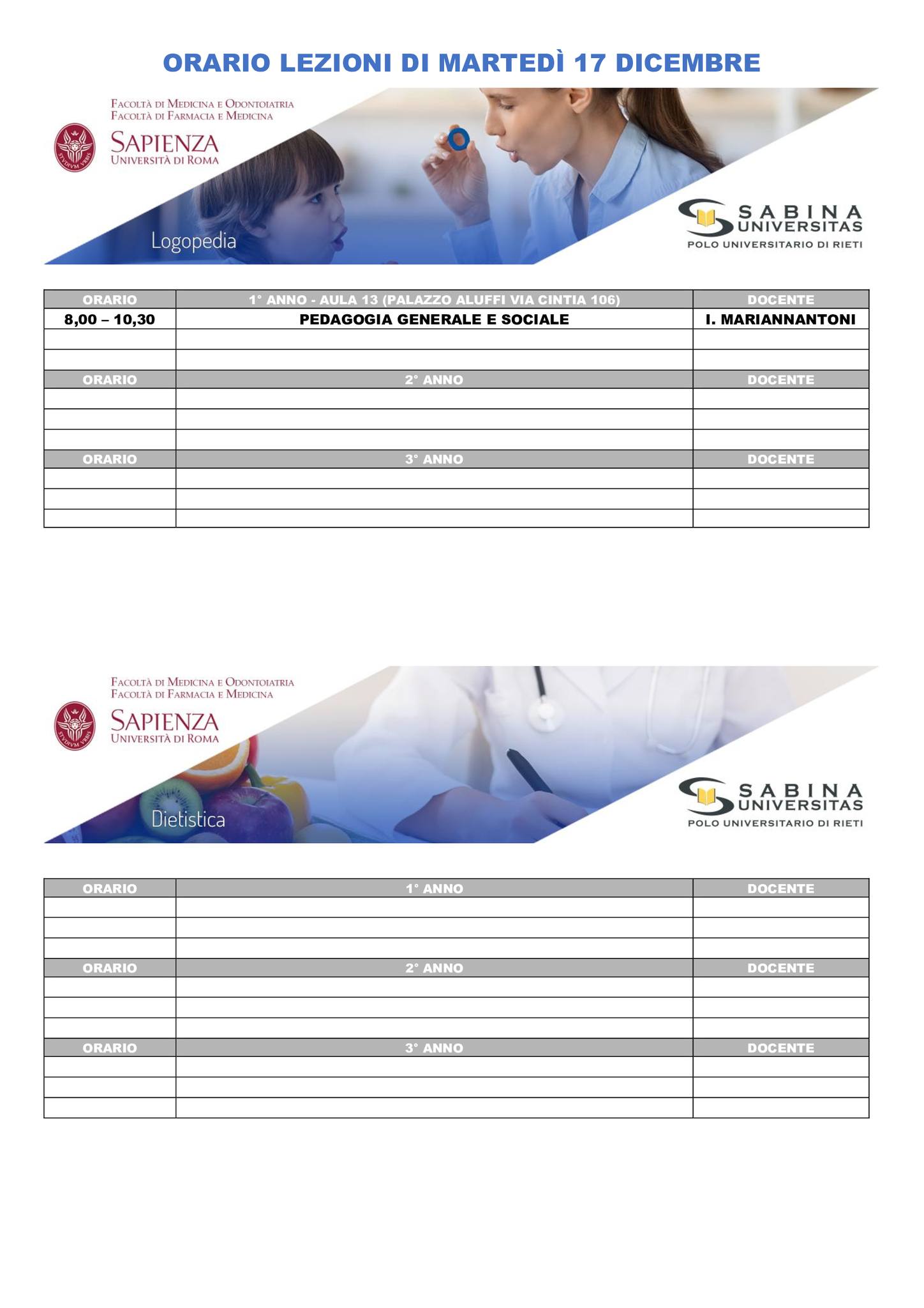 Professioni Sanitarie: orario lezioni di martedì 17 dicembre