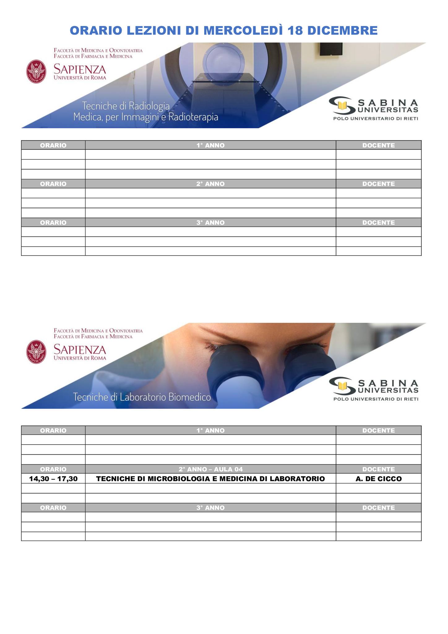 Professioni Sanitarie: orario lezioni di mercoledì 18 dicembre