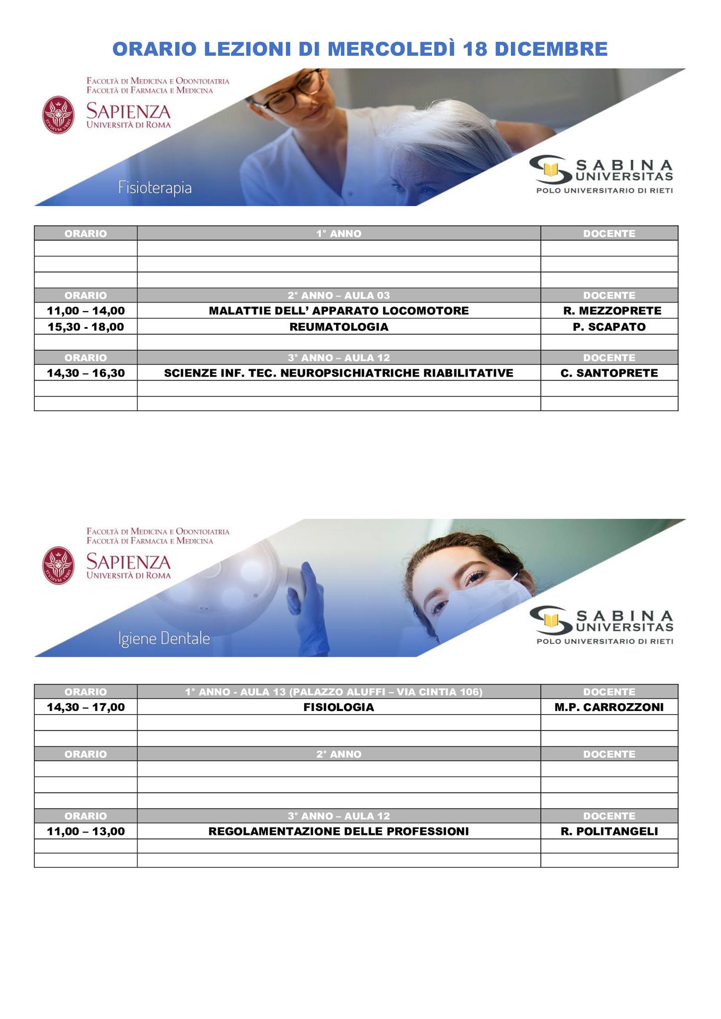 Professioni Sanitarie: orario lezioni di mercoledì 18 dicembre