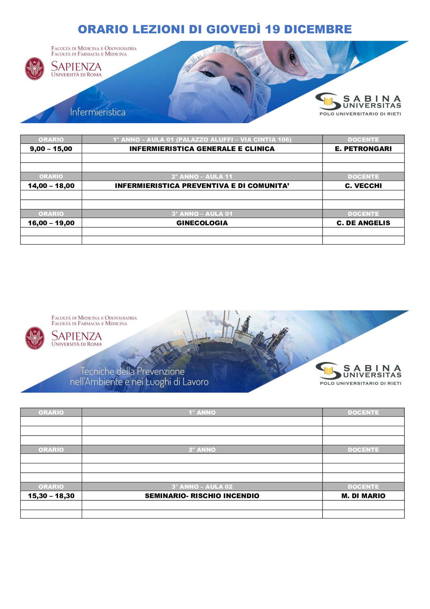 Professioni Sanitarie: orario lezioni di giovedì 19 dicembre