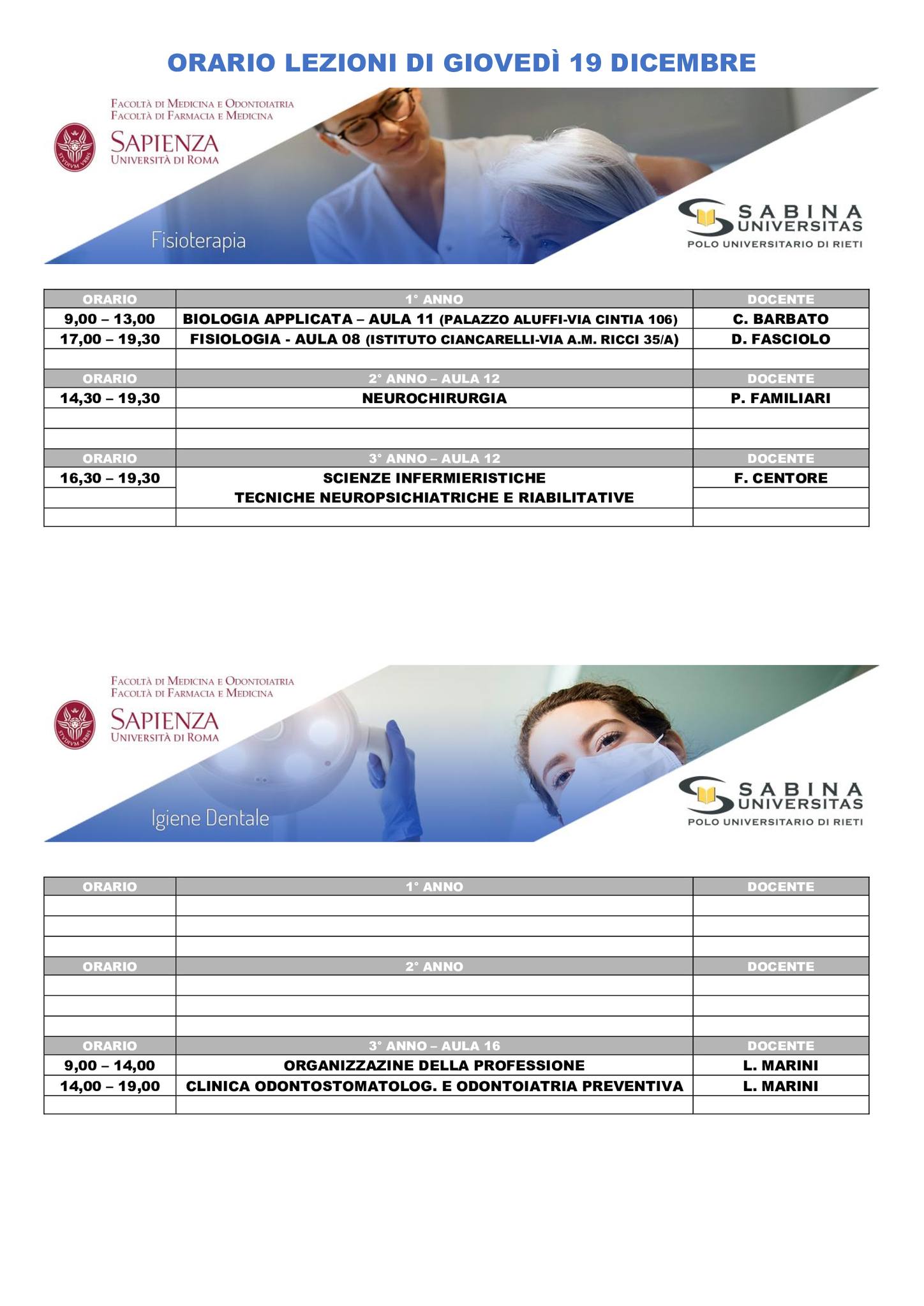 Professioni Sanitarie: orario lezioni di giovedì 19 dicembre