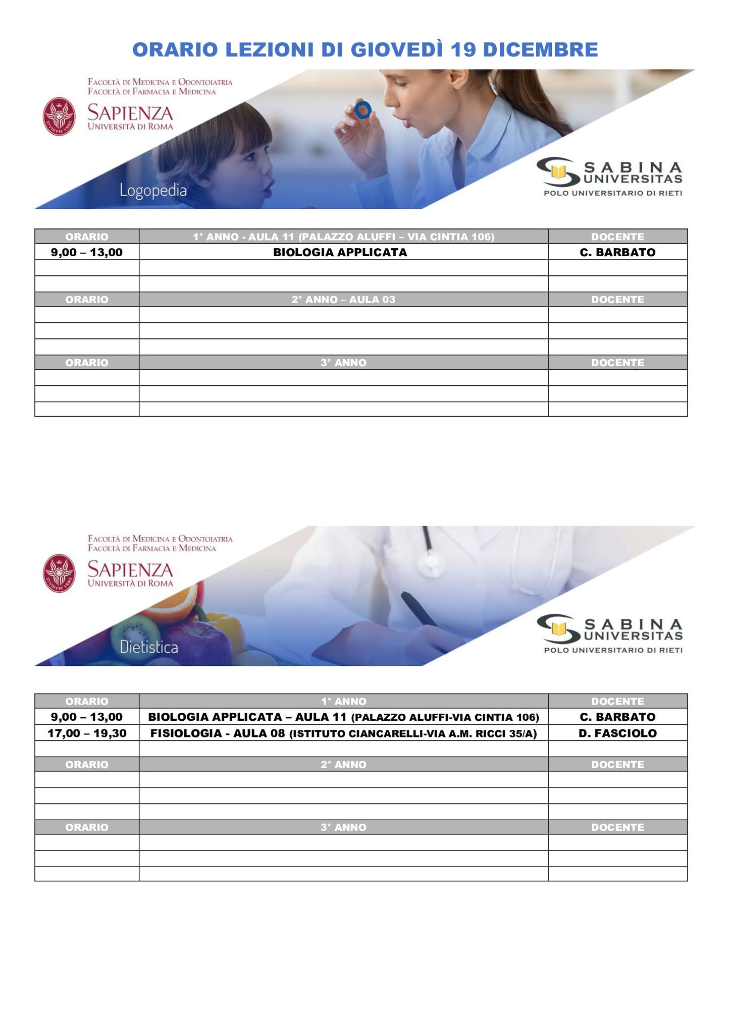 Professioni Sanitarie: orario lezioni di giovedì 19 dicembre