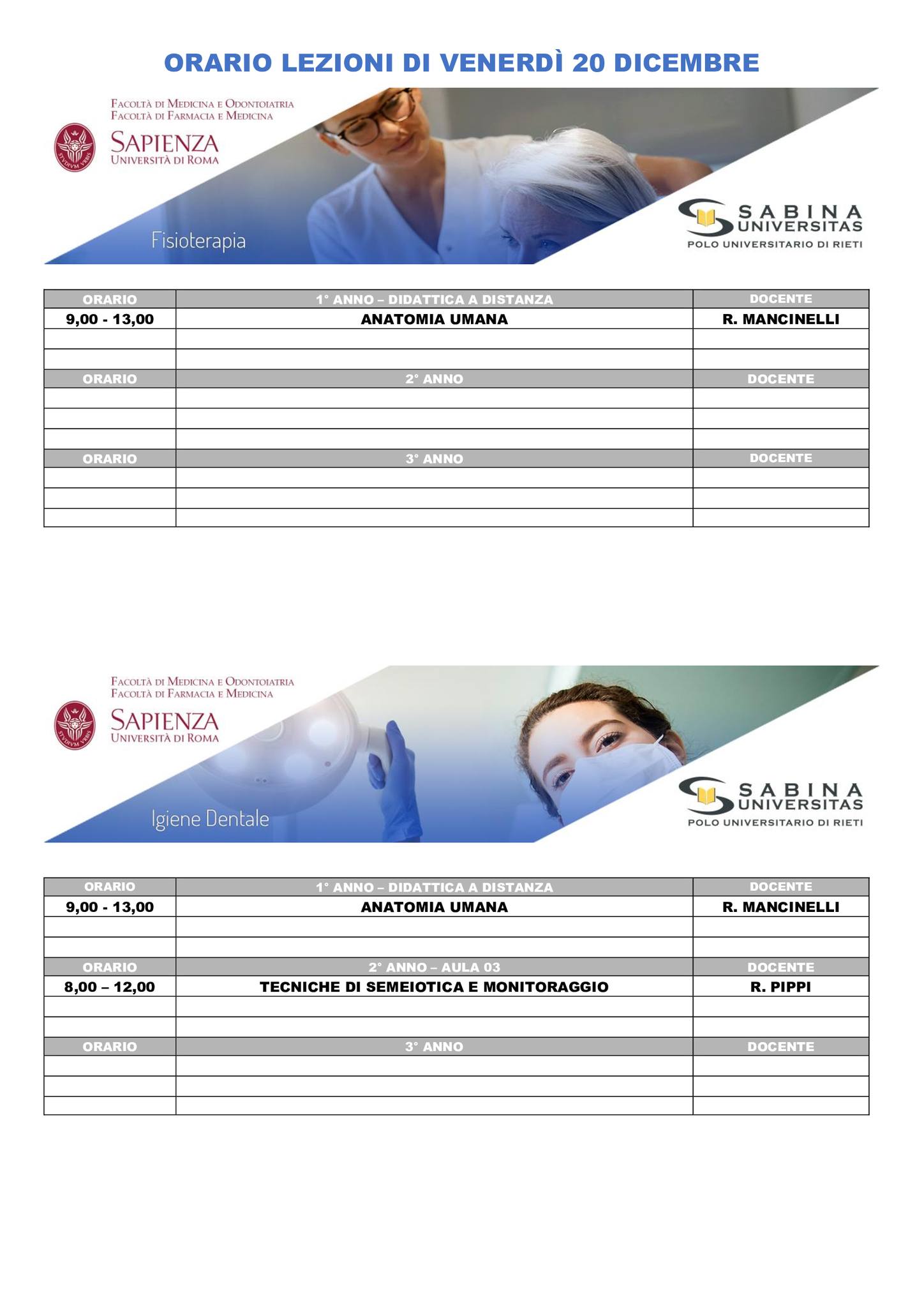 Professioni Sanitarie: orario lezioni di venerdì 20 dicembre