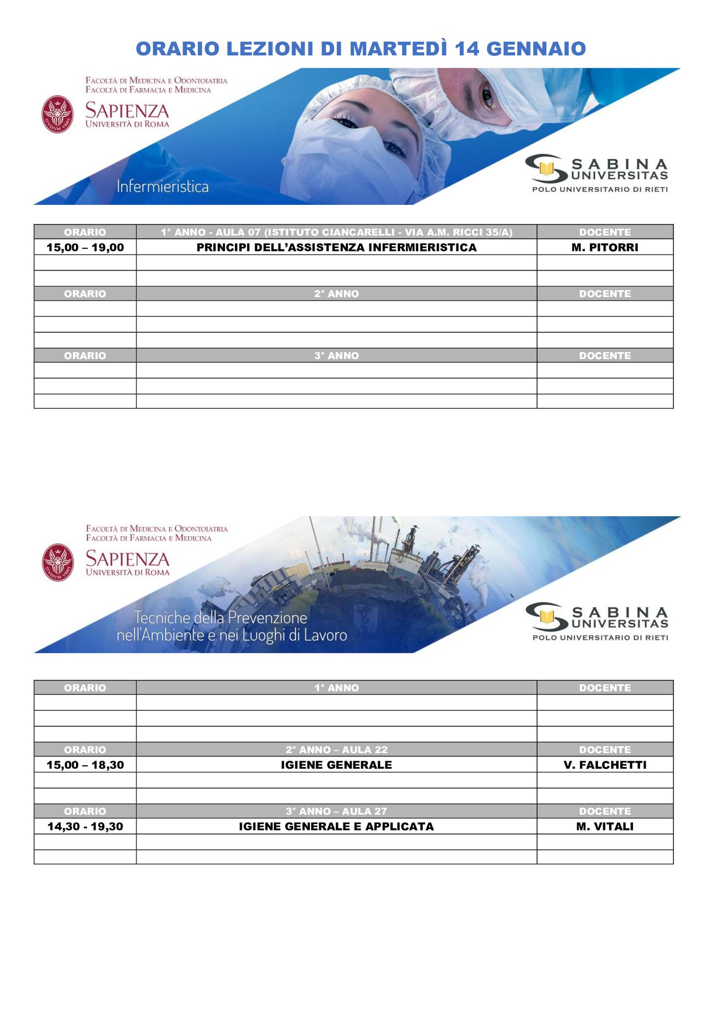 Professioni Sanitarie: orario lezioni di martedì 14 gennaio