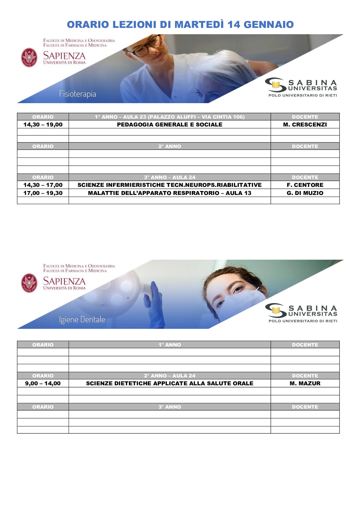 Professioni Sanitarie: orario lezioni di martedì 14 gennaio