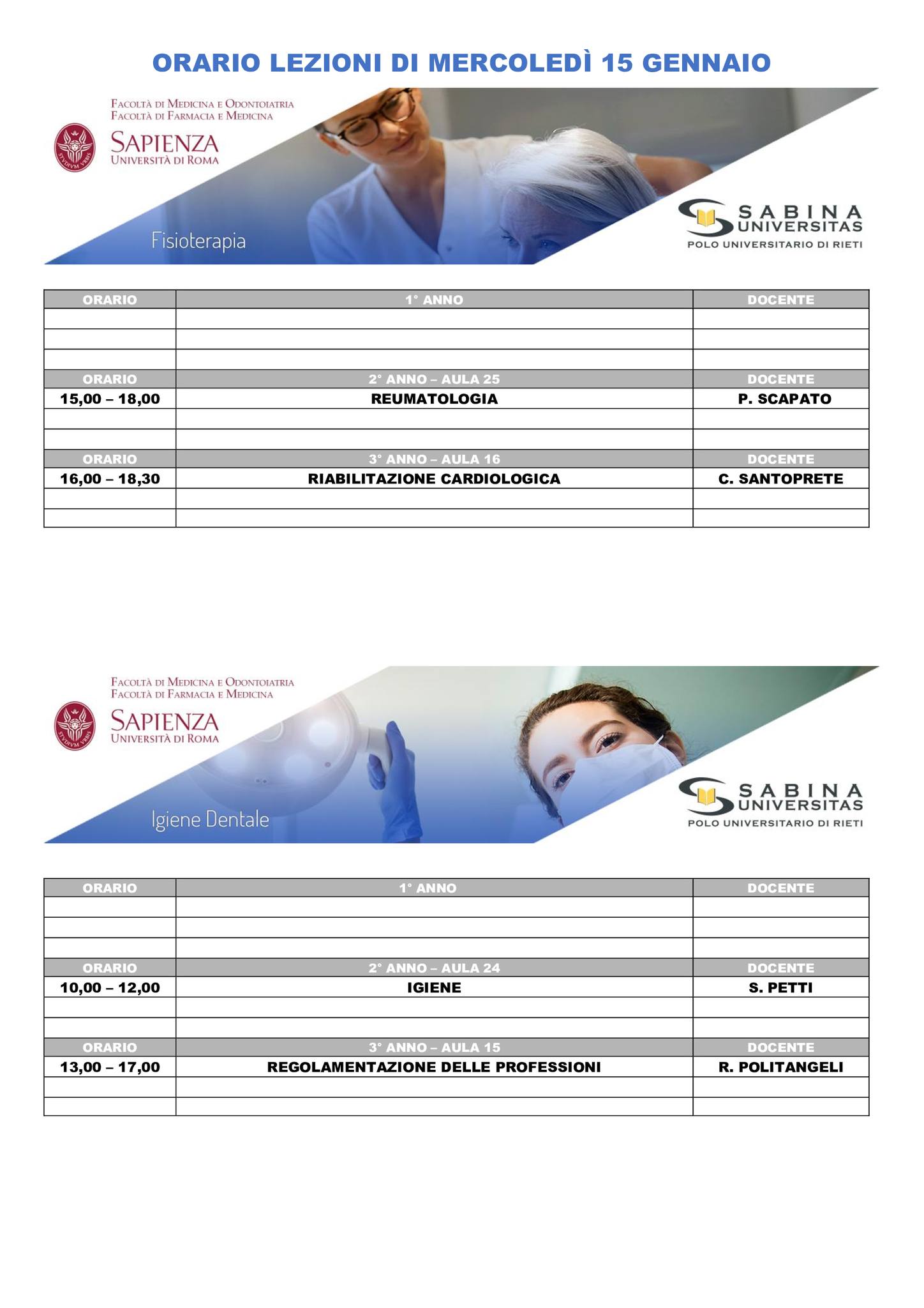 Professioni Sanitarie: orario lezioni di mercoledì 15 gennaio