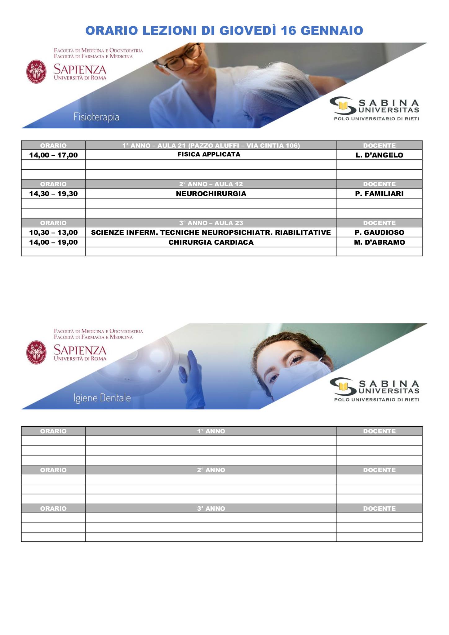 Professioni Sanitarie: orario lezioni di giovedì 16 gennaio