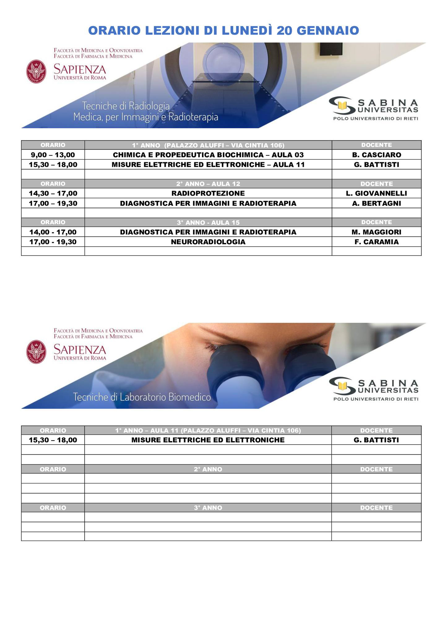 Professioni Sanitarie: orario lezioni di lunedì 20 gennaio