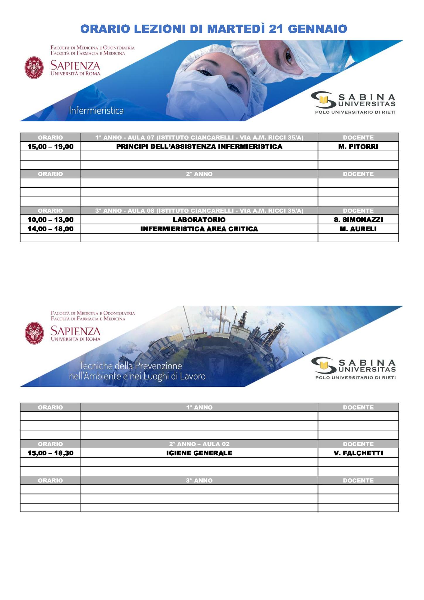 Professioni Sanitarie: orario lezioni di martedì 21 gennaio