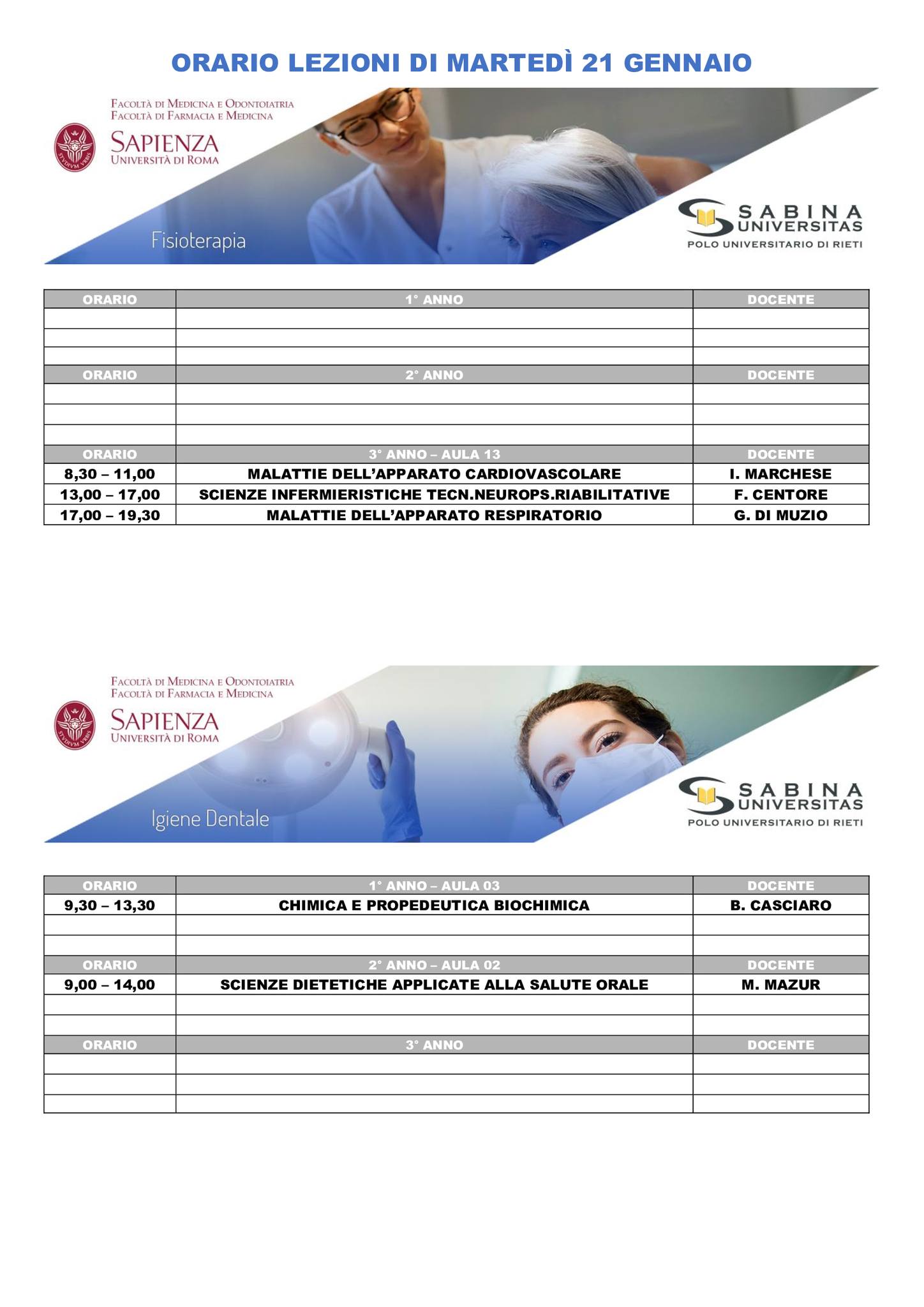 Professioni Sanitarie: orario lezioni di martedì 21 gennaio