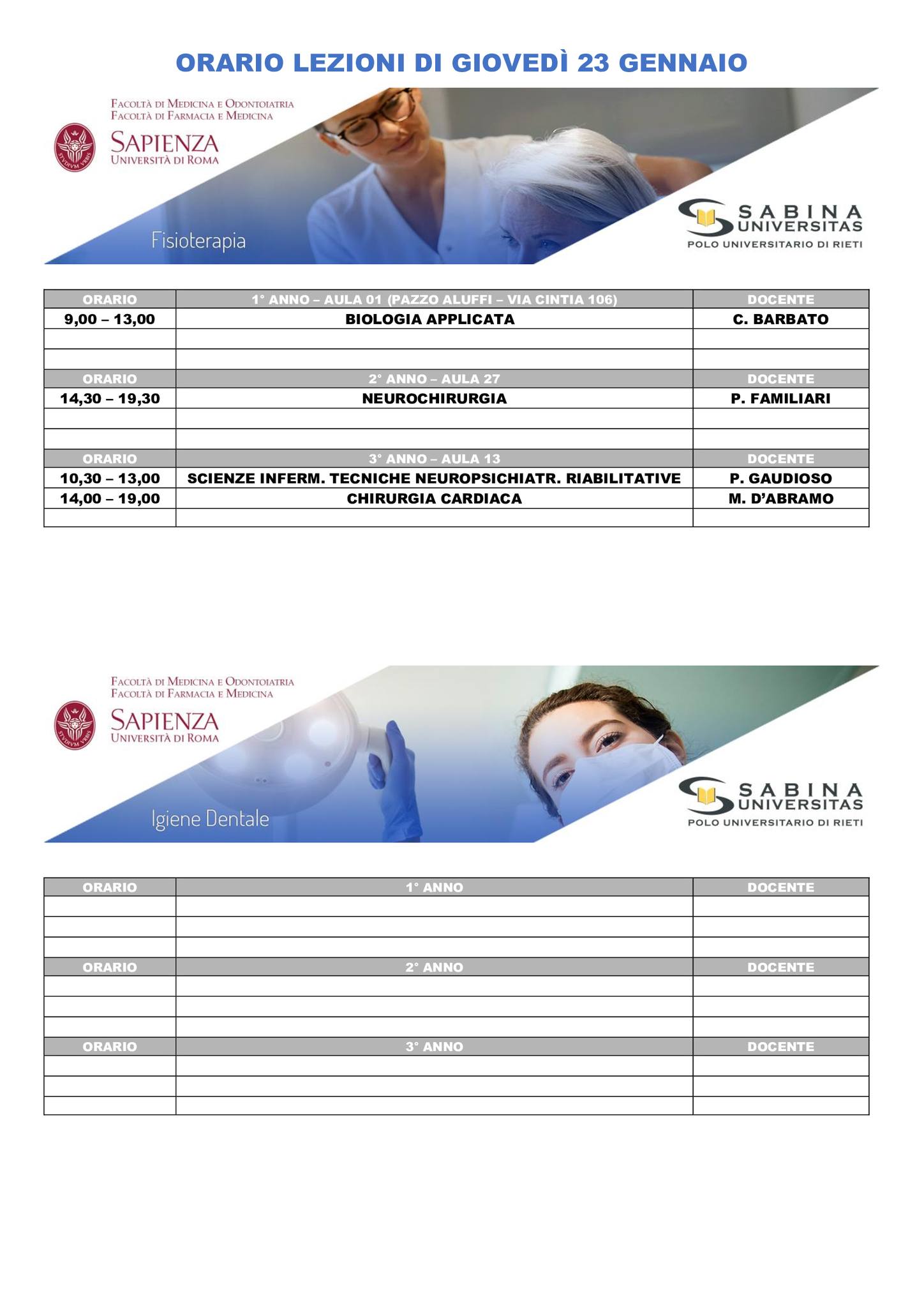 Professioni Sanitarie: orario lezioni di giovedì 23 gennaio