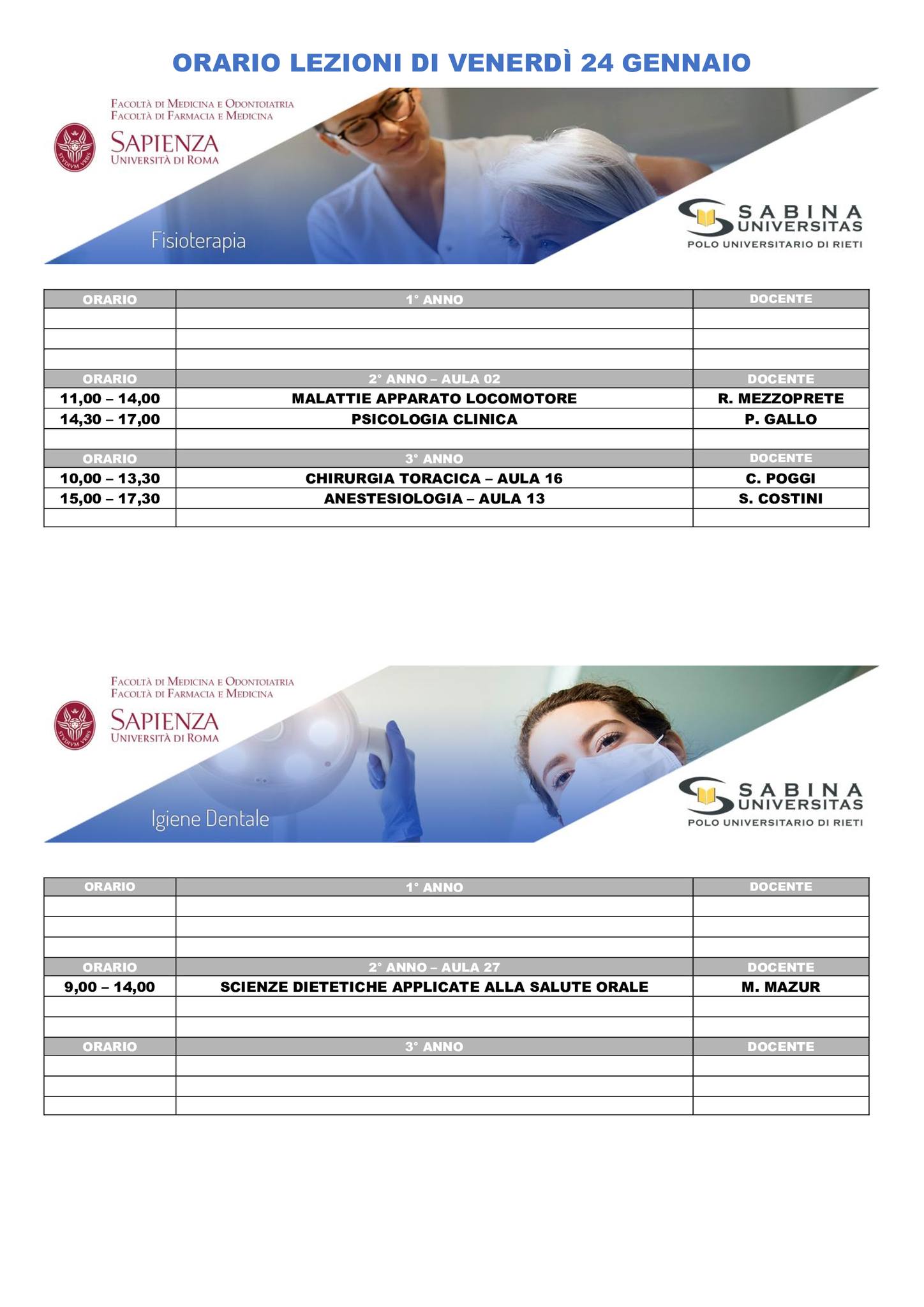 Professioni Sanitarie: orario lezioni di venerdì 24 gennaio