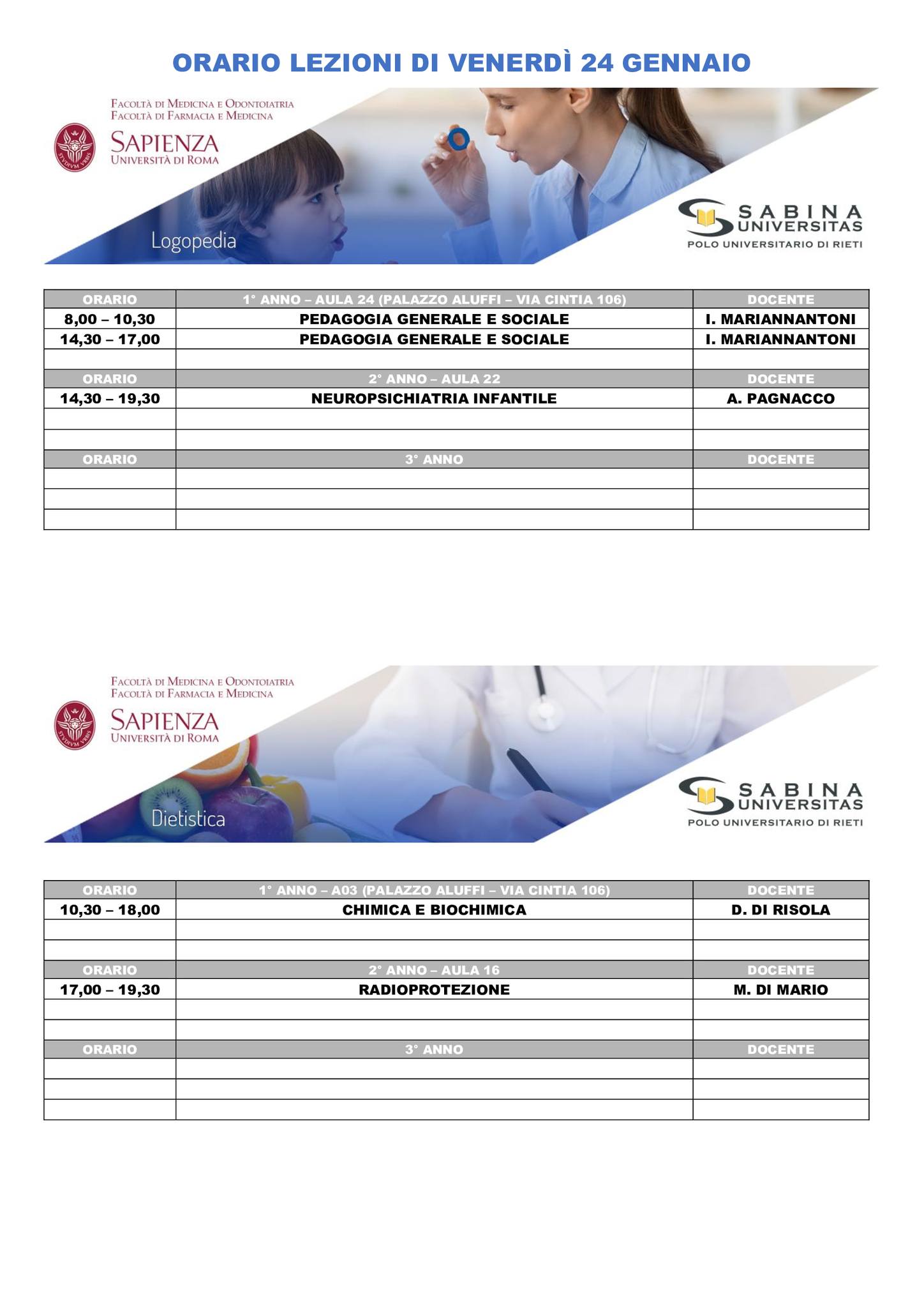 Professioni Sanitarie: orario lezioni di venerdì 24 gennaio