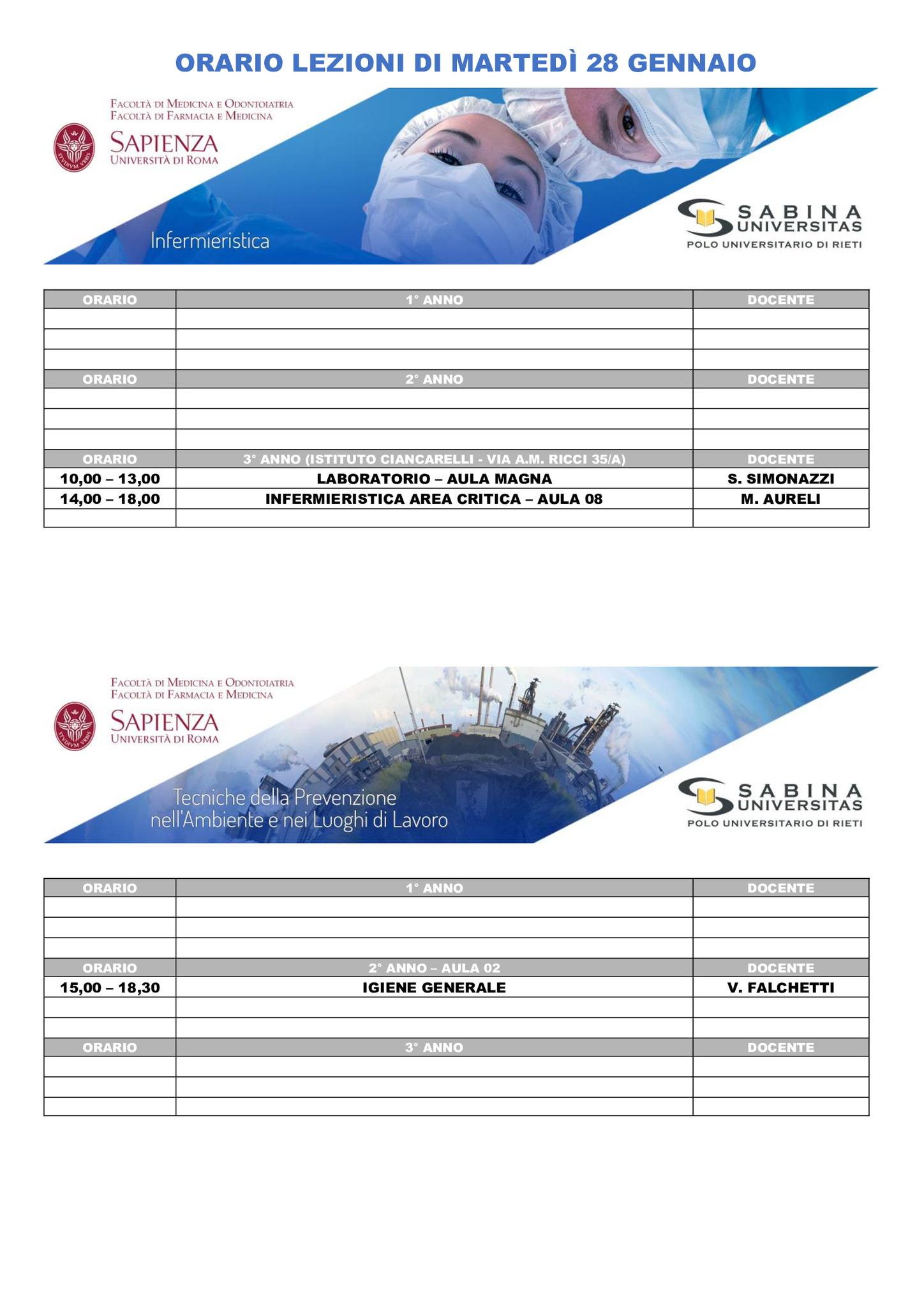 Professioni Sanitarie: orario lezioni di martedì 28 gennaio