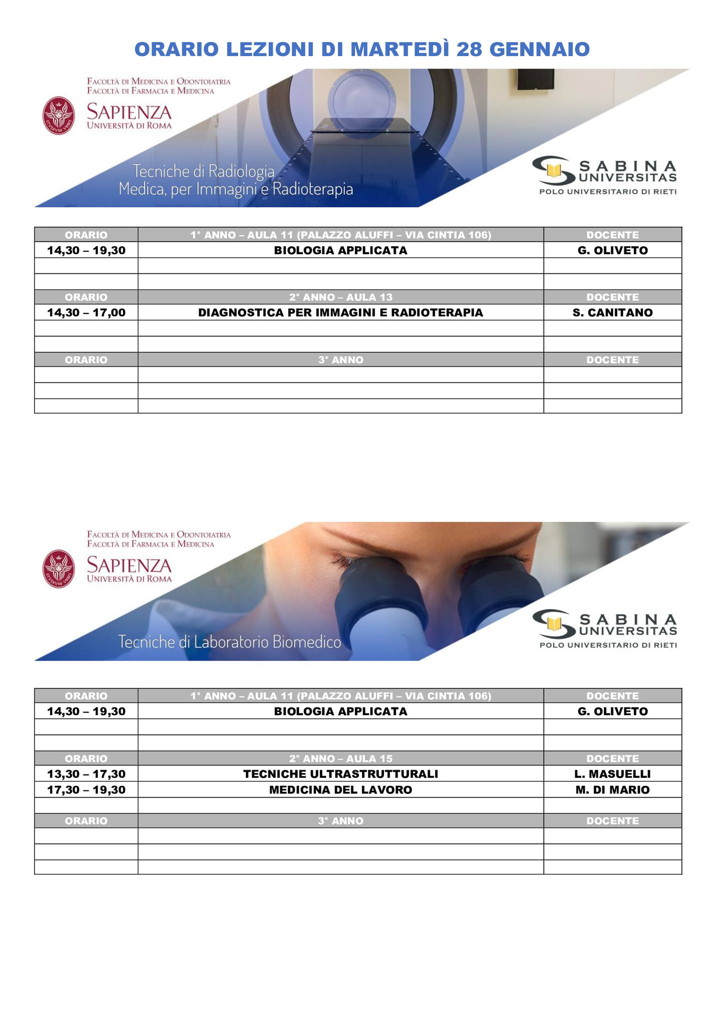 Professioni Sanitarie: orario lezioni di martedì 28 gennaio